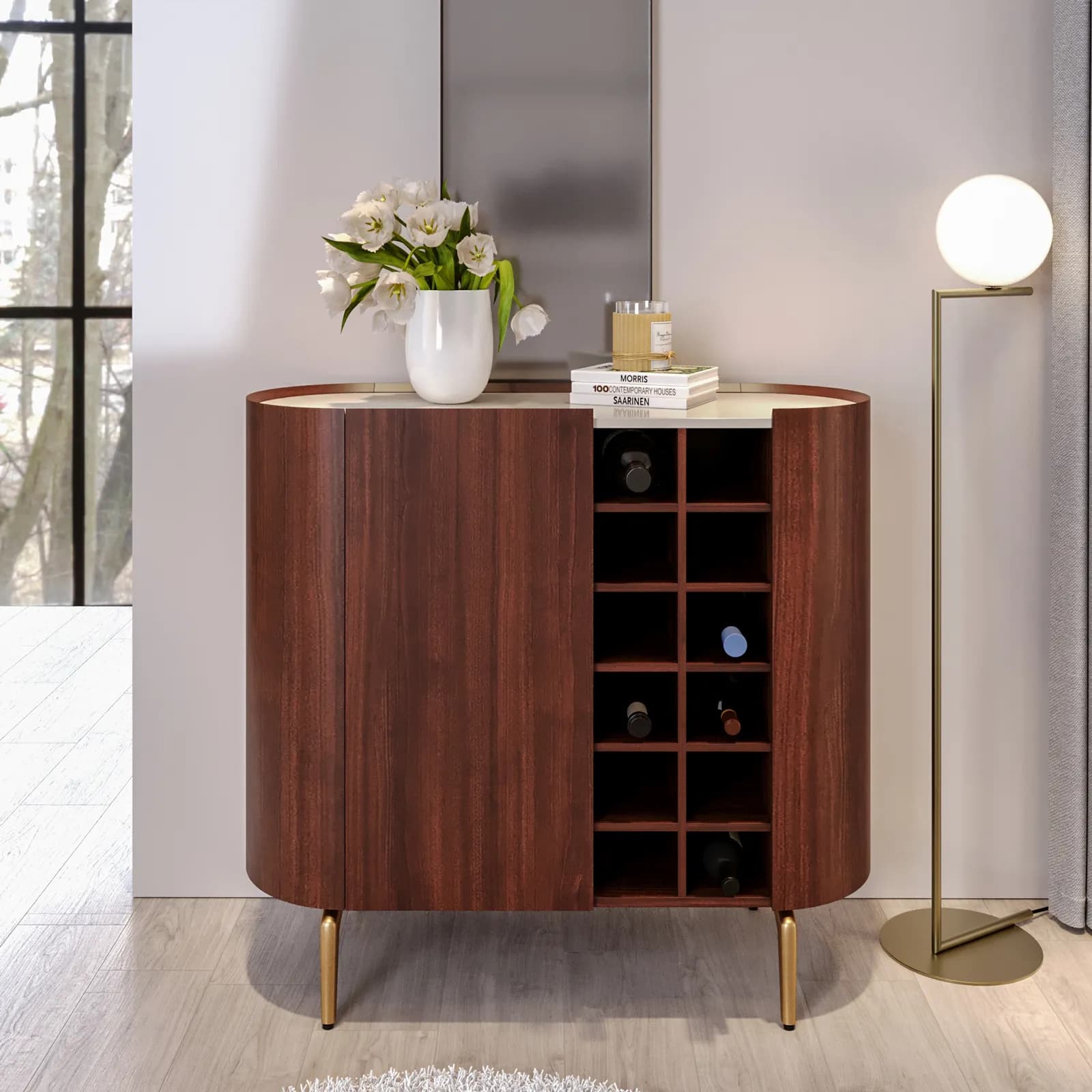 Credenza 106x97h cm noce e top in similpelle beige con 1 anta e portabottiglie - Keegan