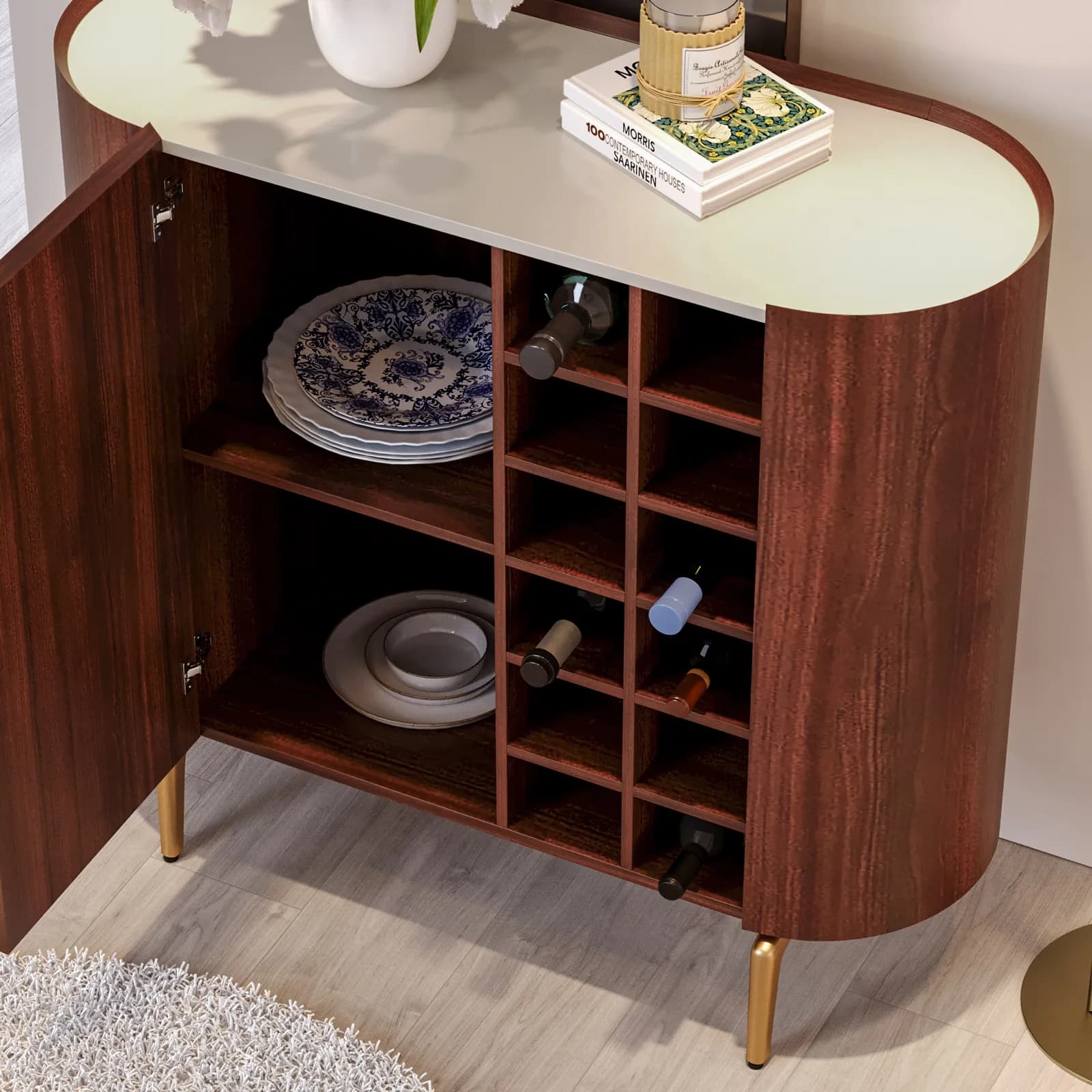 Credenza 106x97h cm noce e top in similpelle beige con 1 anta e portabottiglie - Keegan