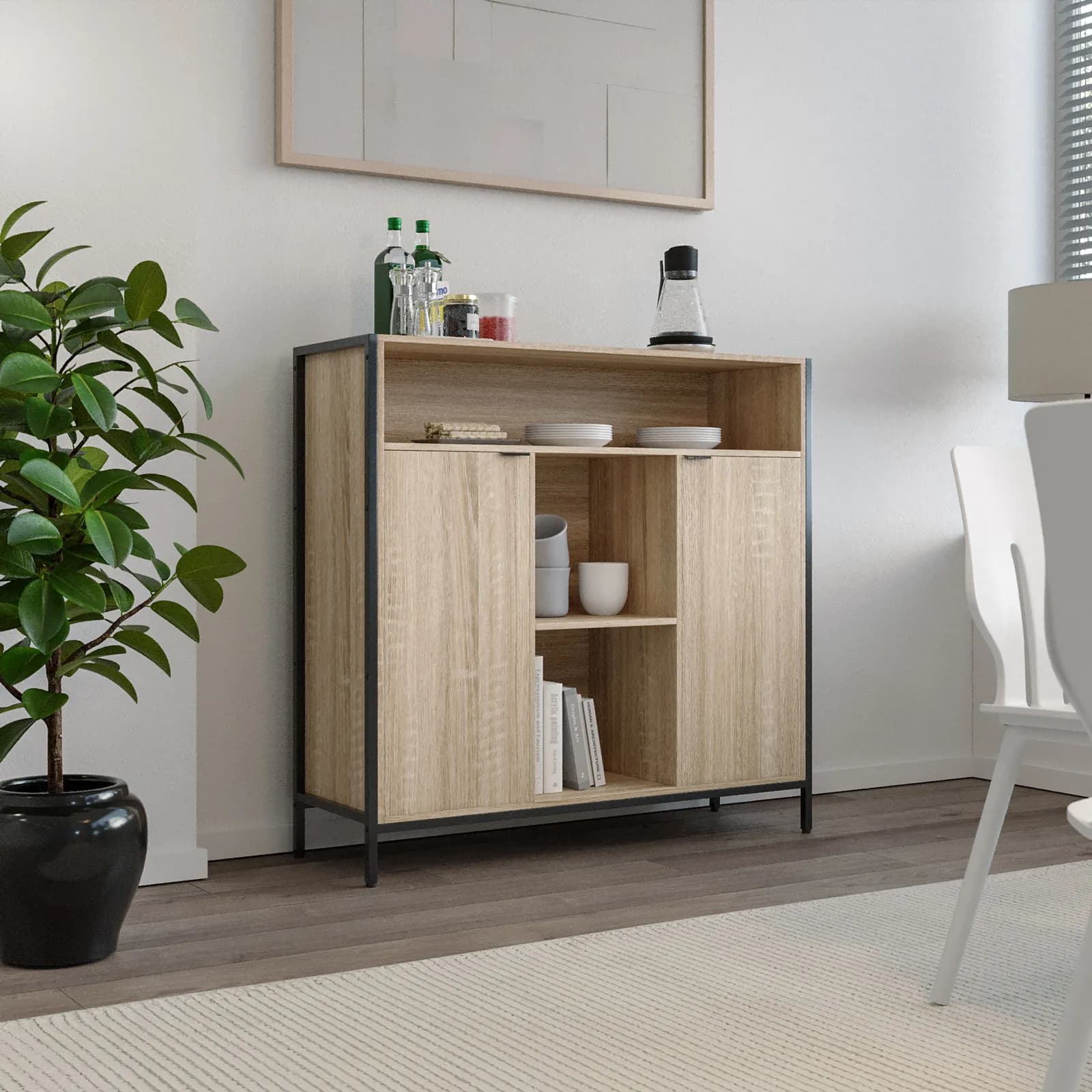 Credenza 114x110h cm con 2 ante effetto rovere moderno e metallo nero - Emyl