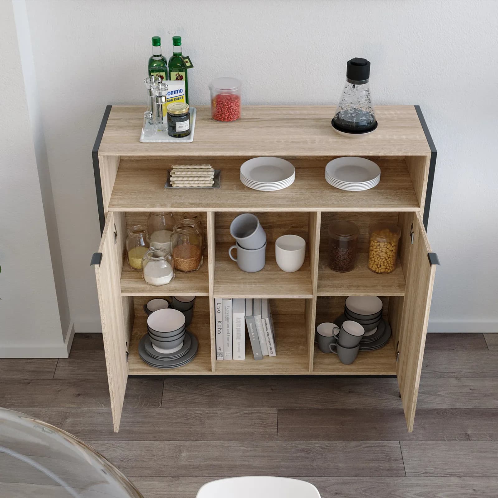 Credenza 114x110h cm con 2 ante effetto rovere moderno e metallo nero - Emyl