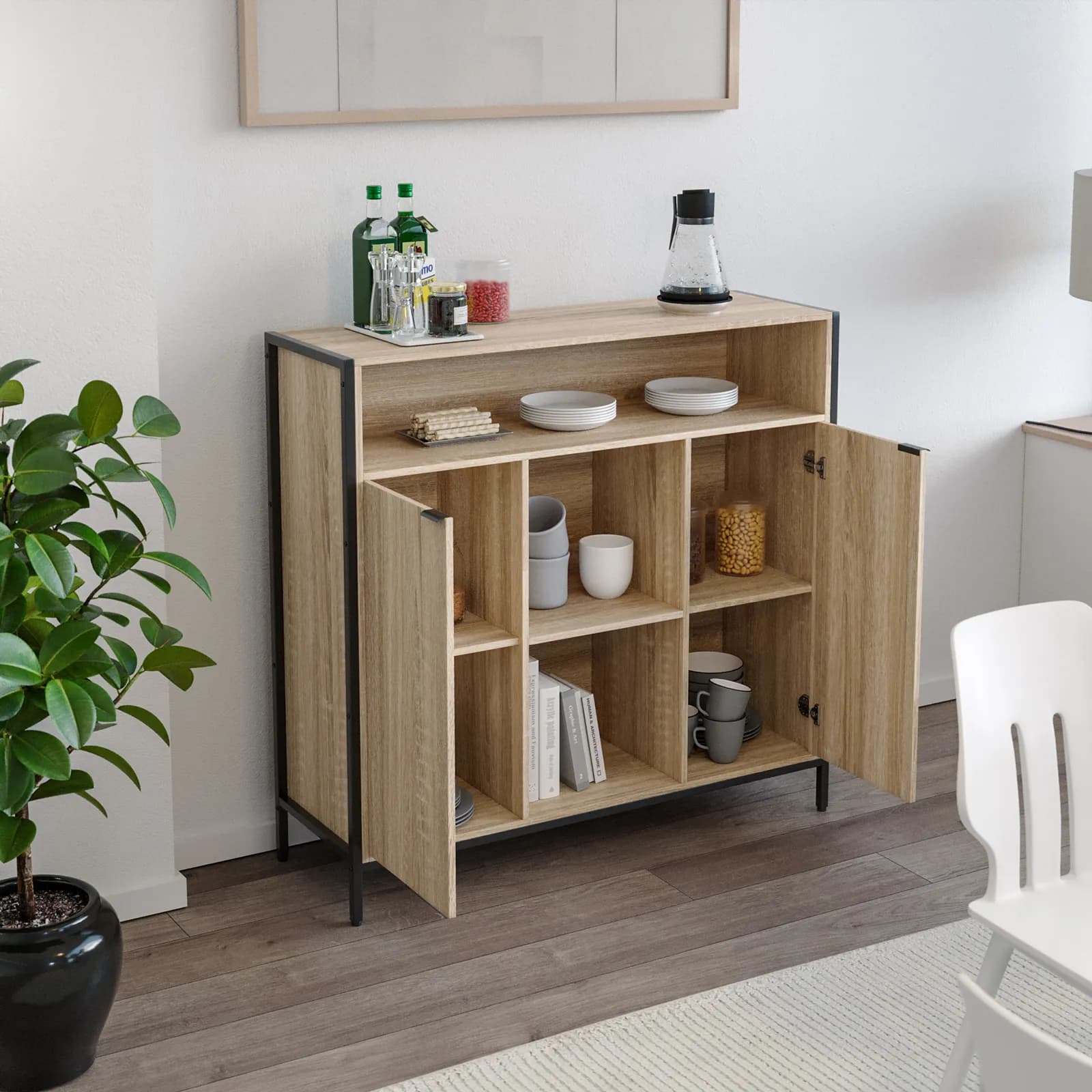 Credenza 114x110h cm con 2 ante effetto rovere moderno e metallo nero - Emyl