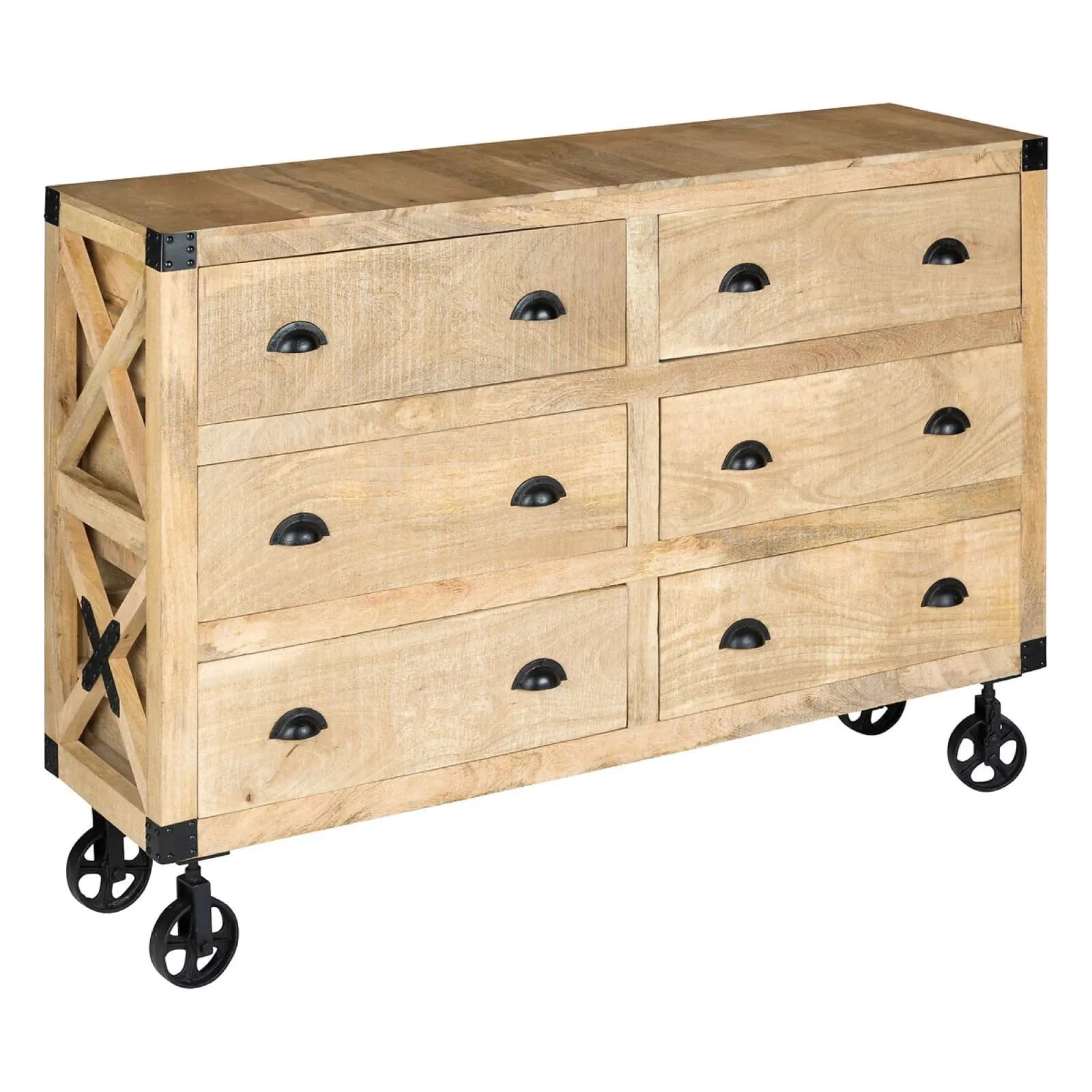 Credenza 150x105h cm in legno di mango e metallo con 6 cassetti e ruote - Tijuana