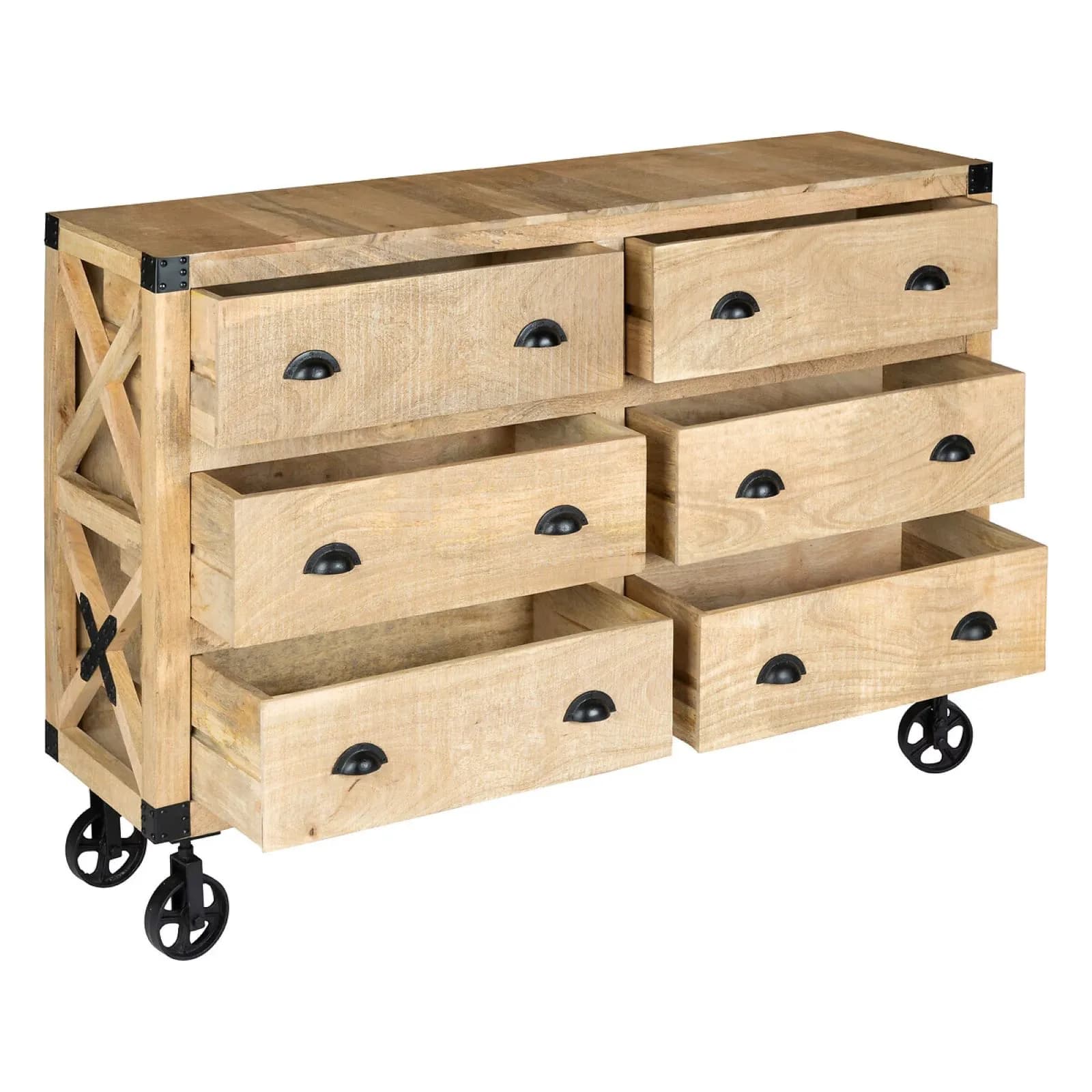 Credenza 150x105h cm in legno di mango e metallo con 6 cassetti e ruote - Tijuana