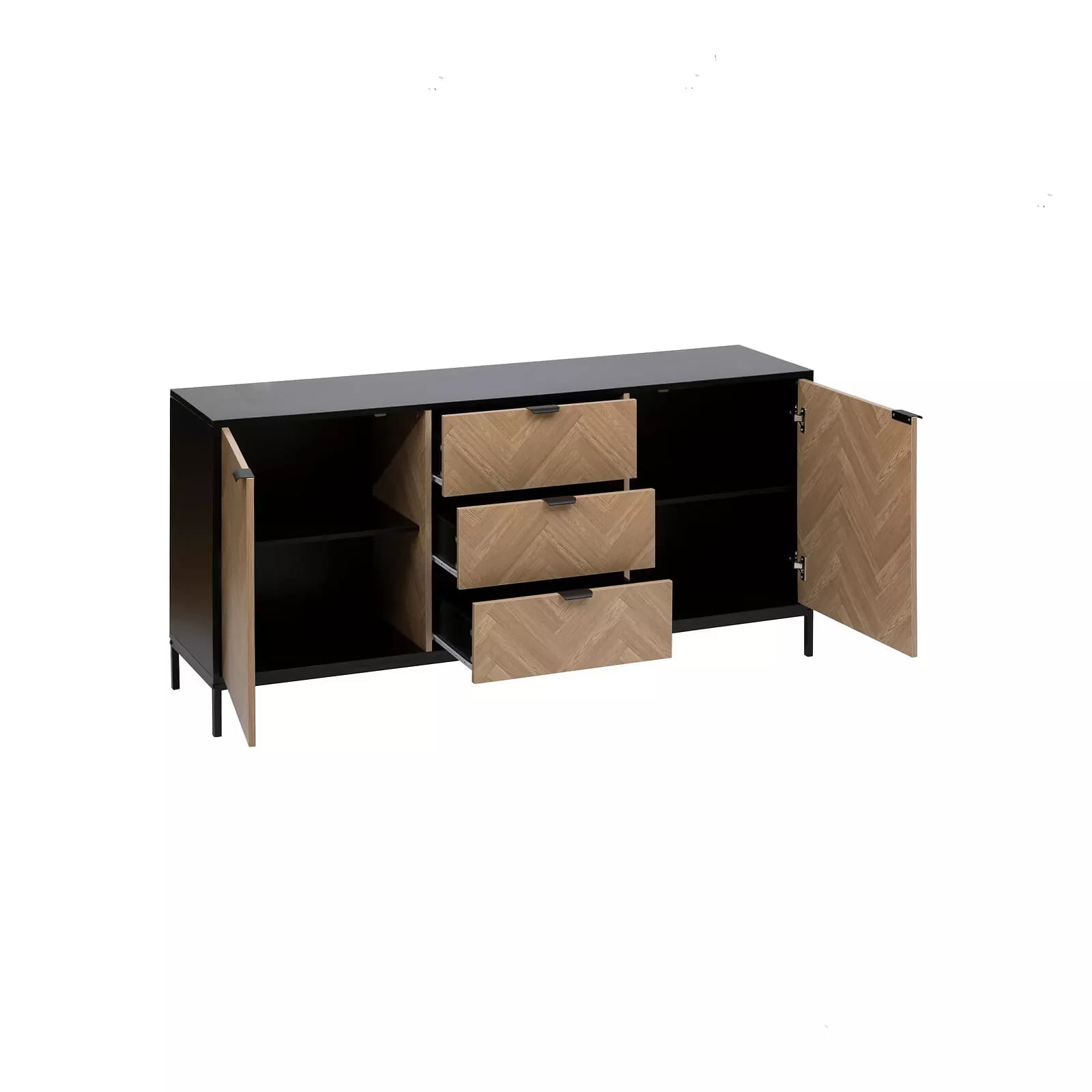 Credenza 160x40 cm nero con 2 ante e 3 cassetti effetto parquet - Blacky