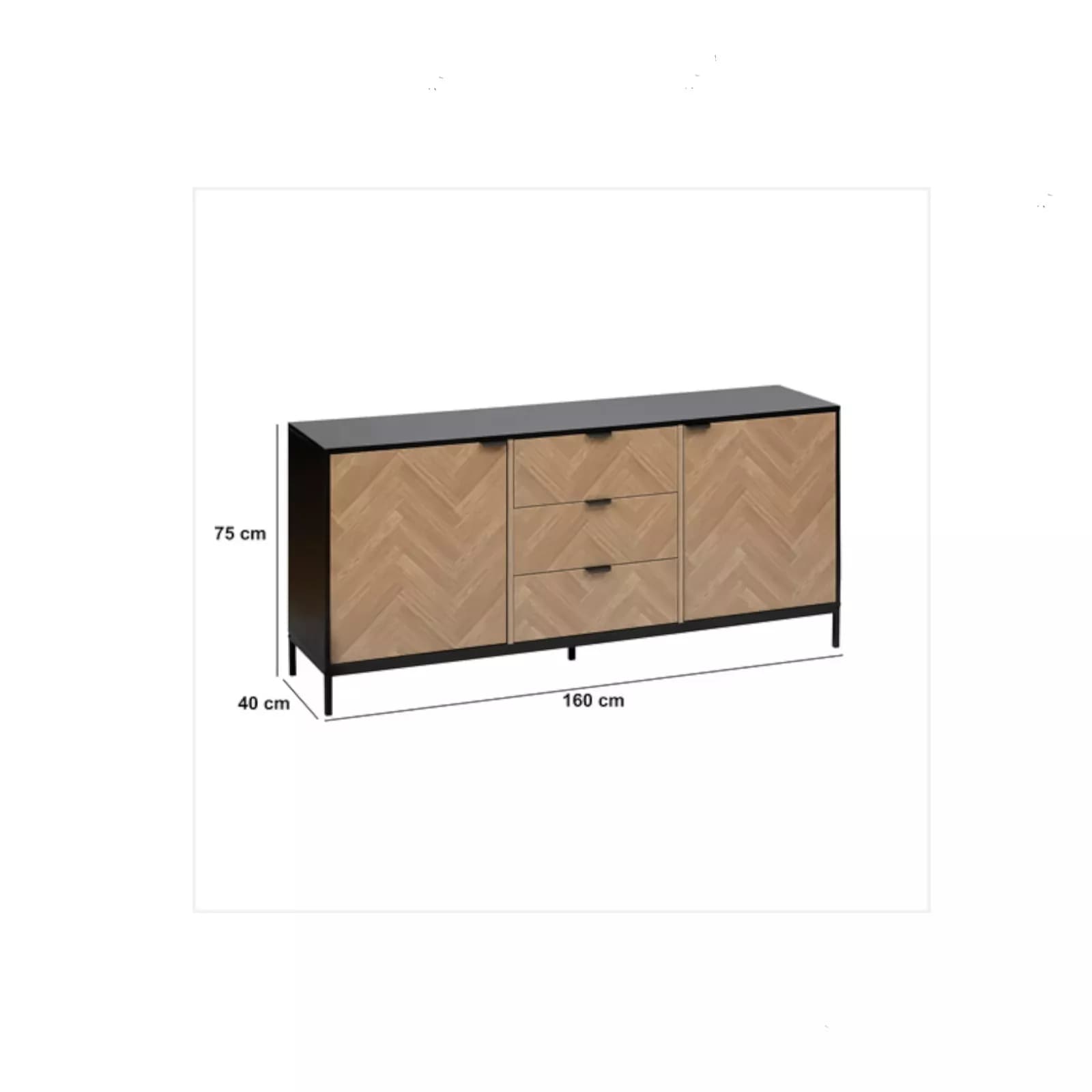 Credenza 160x40 cm nero con 2 ante e 3 cassetti effetto parquet - Blacky