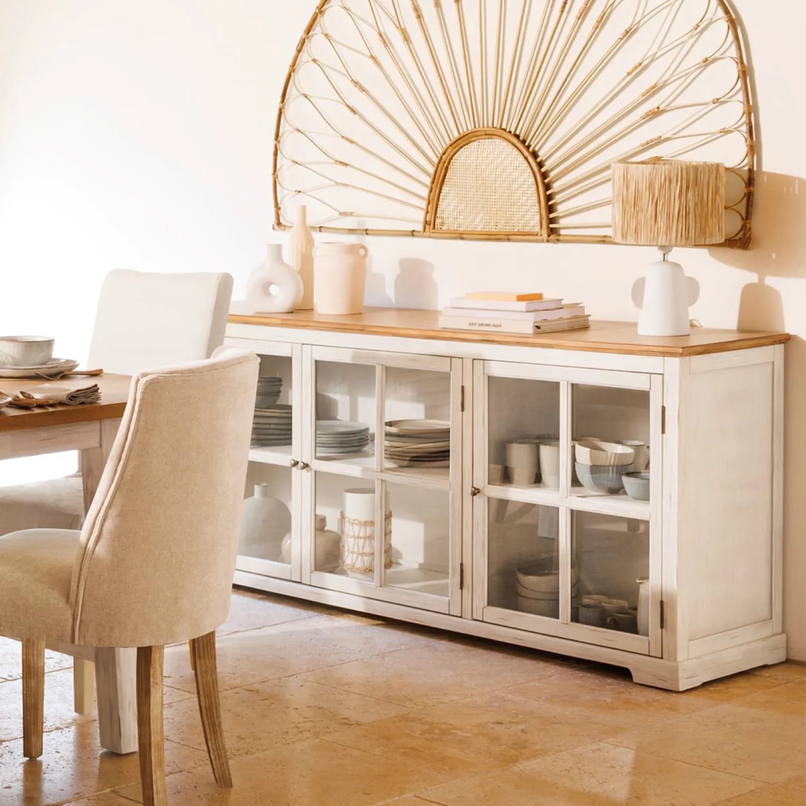 Credenza 180x80h cm in legno di acacia bianco e naturale con 3 ante in vetro - Tennesee
