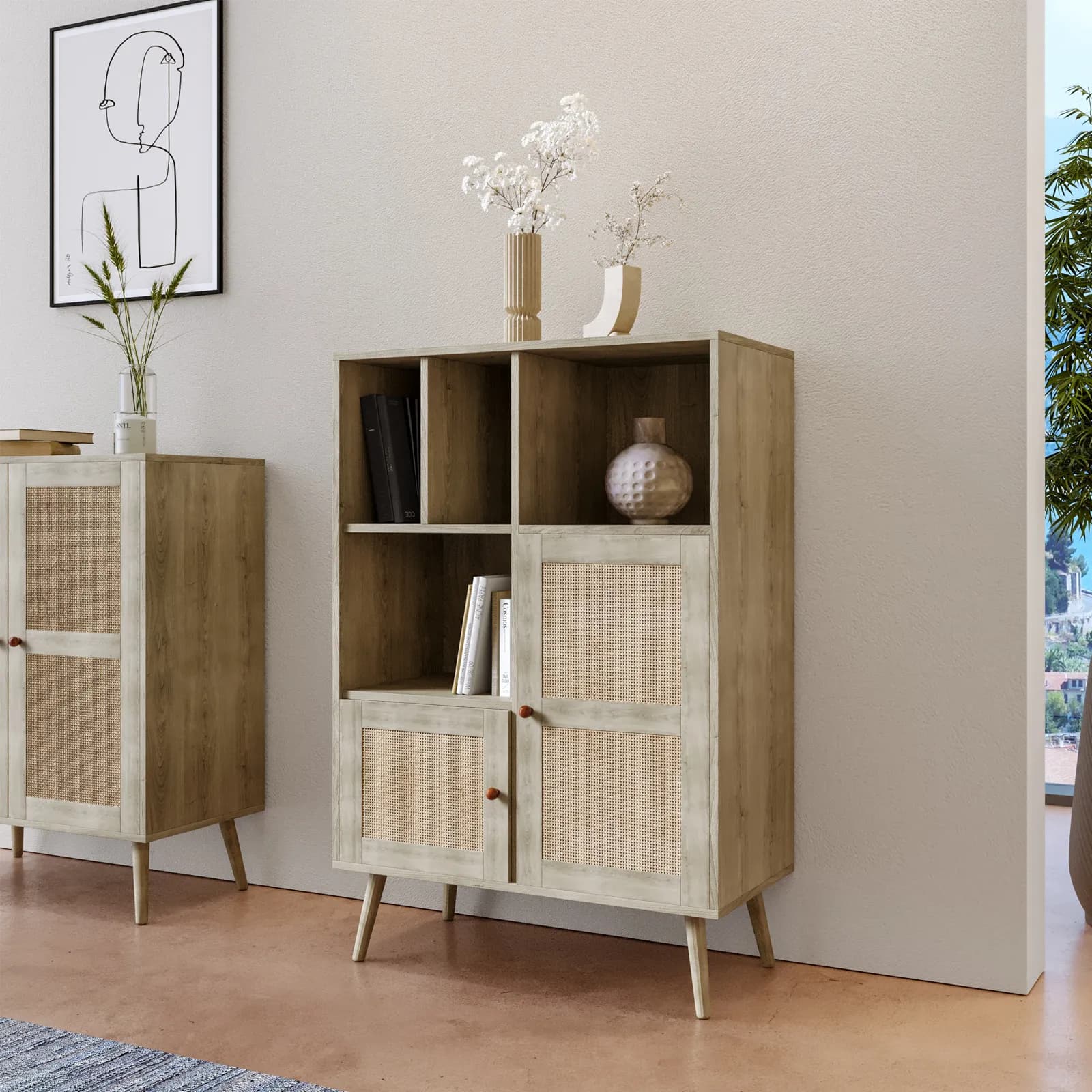 Credenza 79x124h cm in legno naturale con 3 ante in rattan e vani a giorno - Boheme