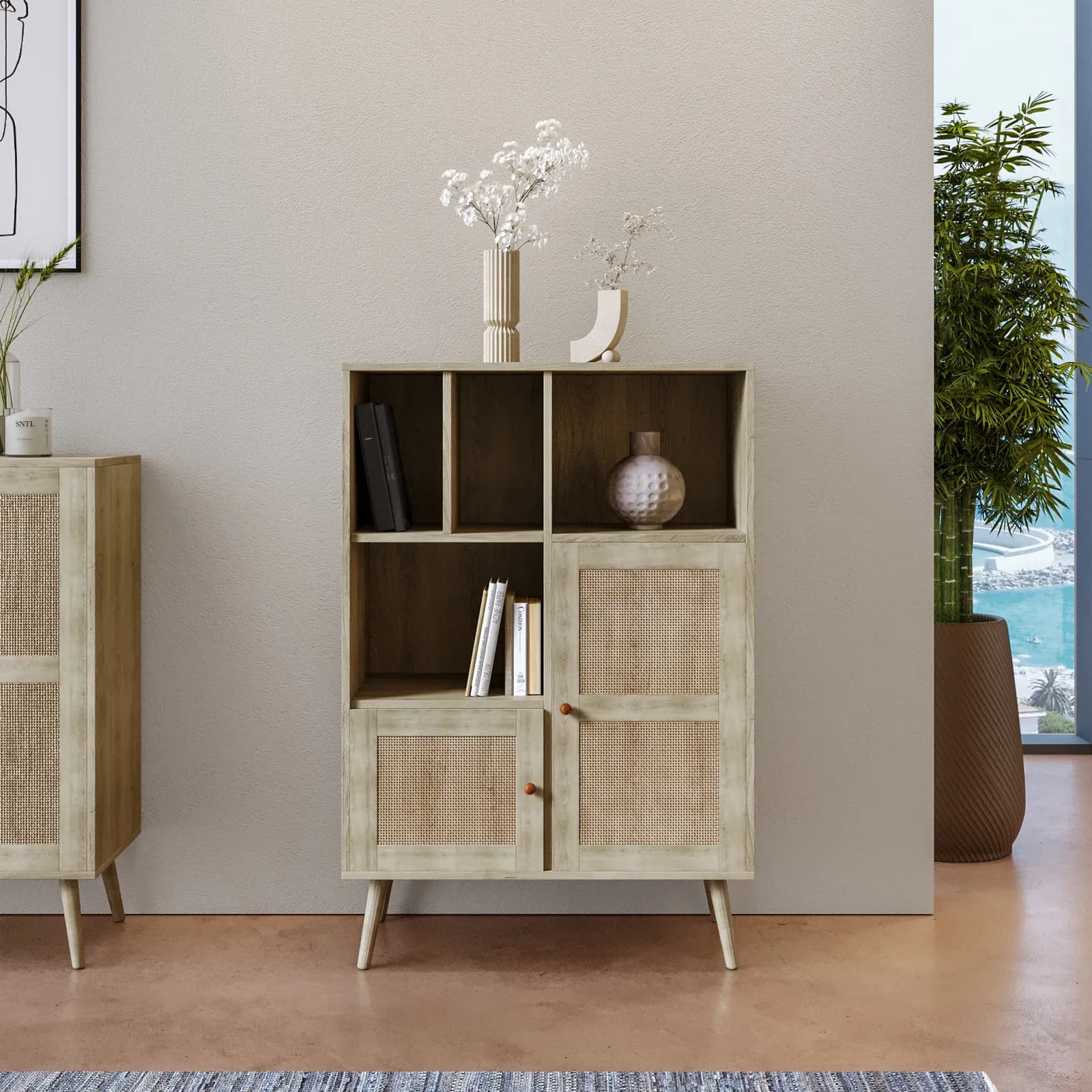 Credenza 79x124h cm in legno naturale con 3 ante in rattan e vani a giorno - Boheme