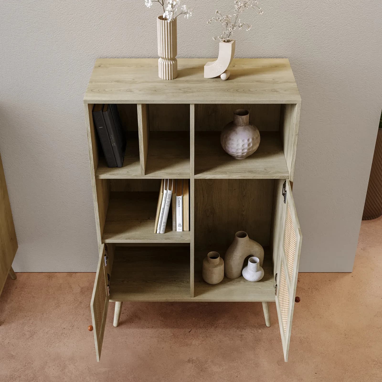 Credenza 79x124h cm in legno naturale con 3 ante in rattan e vani a giorno - Boheme