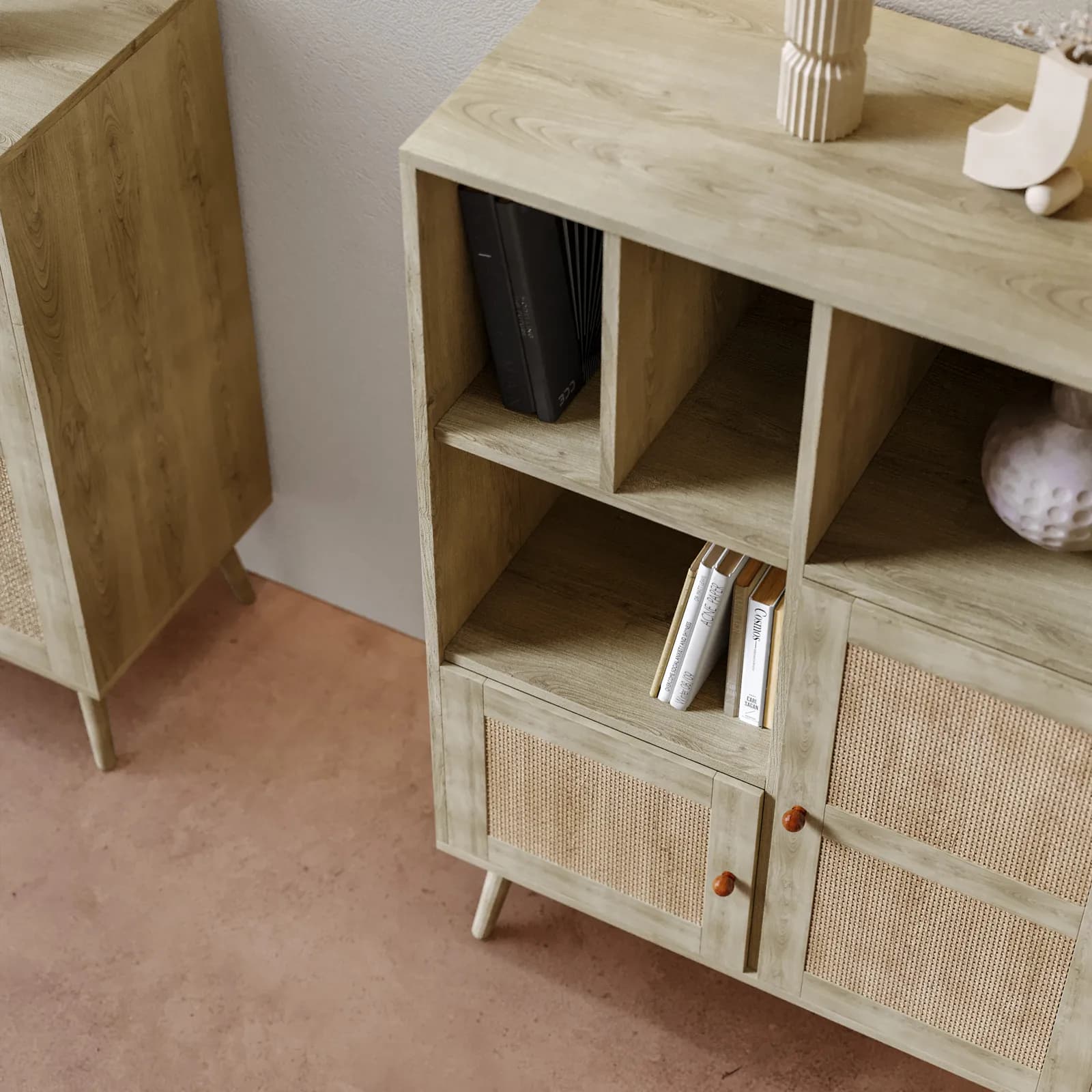 Credenza 79x124h cm in legno naturale con 3 ante in rattan e vani a giorno - Boheme