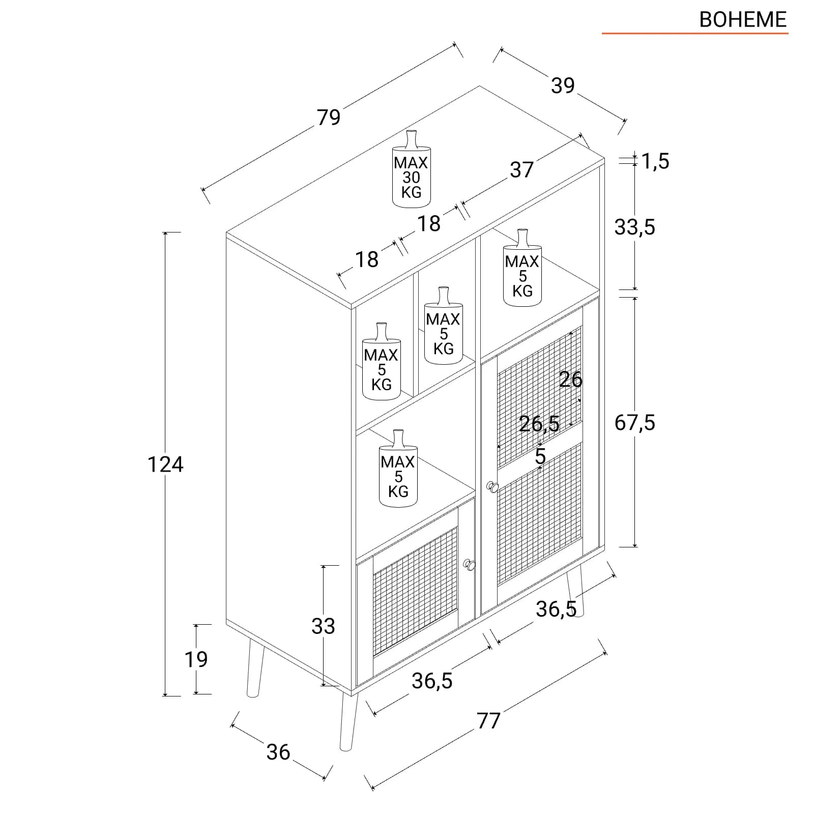 Credenza 79x124h cm in legno naturale con 3 ante in rattan e vani a giorno - Boheme