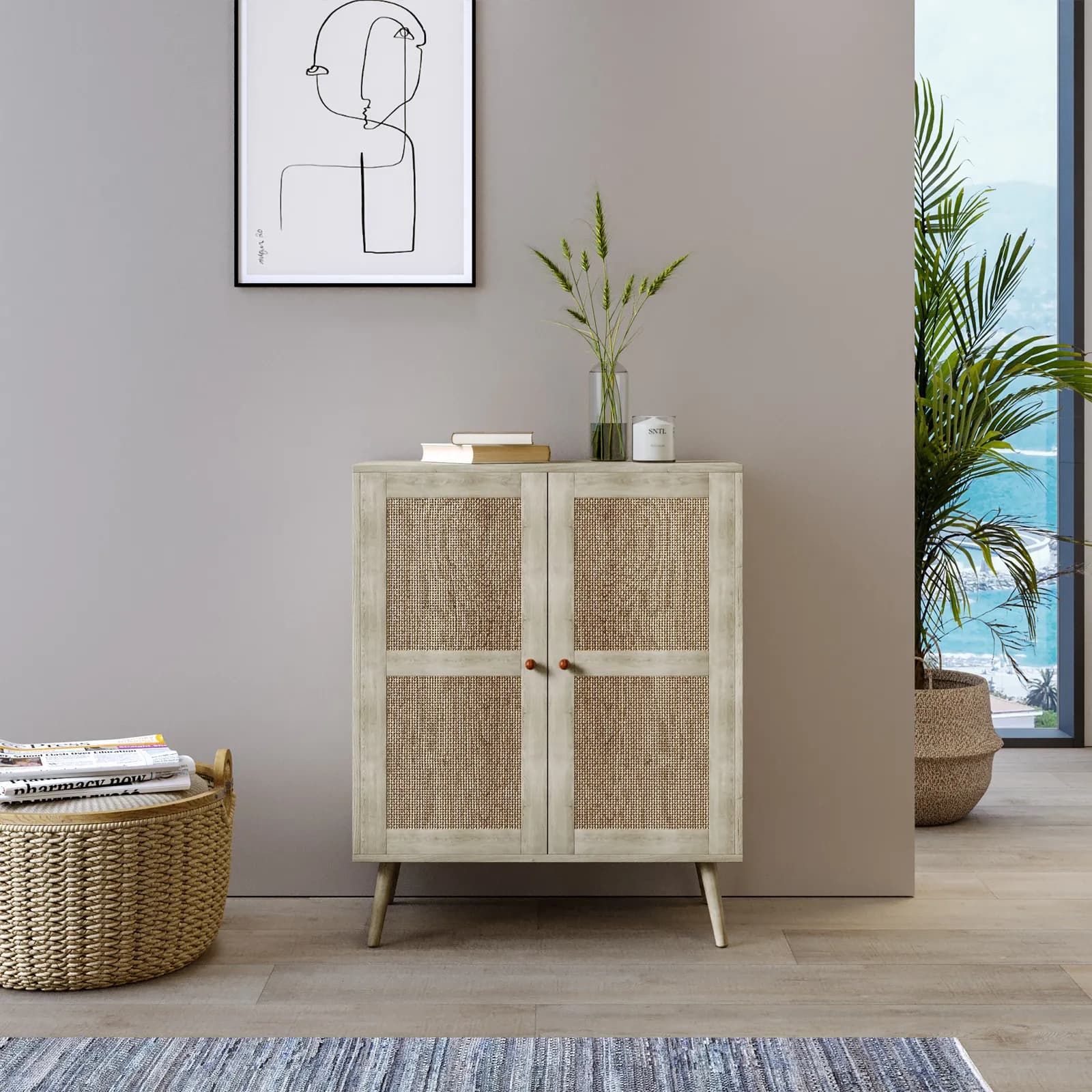 Credenza 79x99h cm in legno naturale con 2 ante in rattan - Boheme