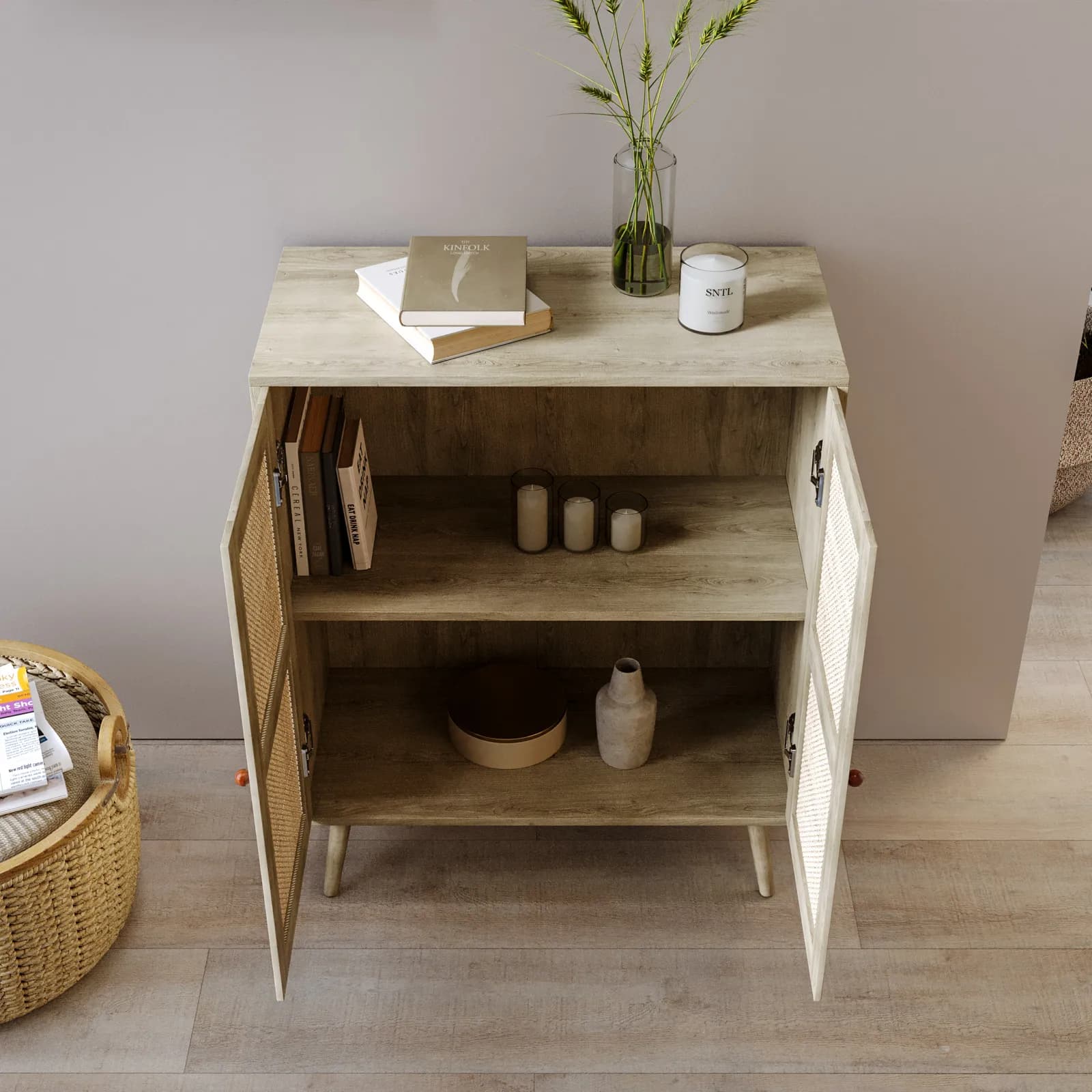 Credenza 79x99h cm in legno naturale con 2 ante in rattan - Boheme