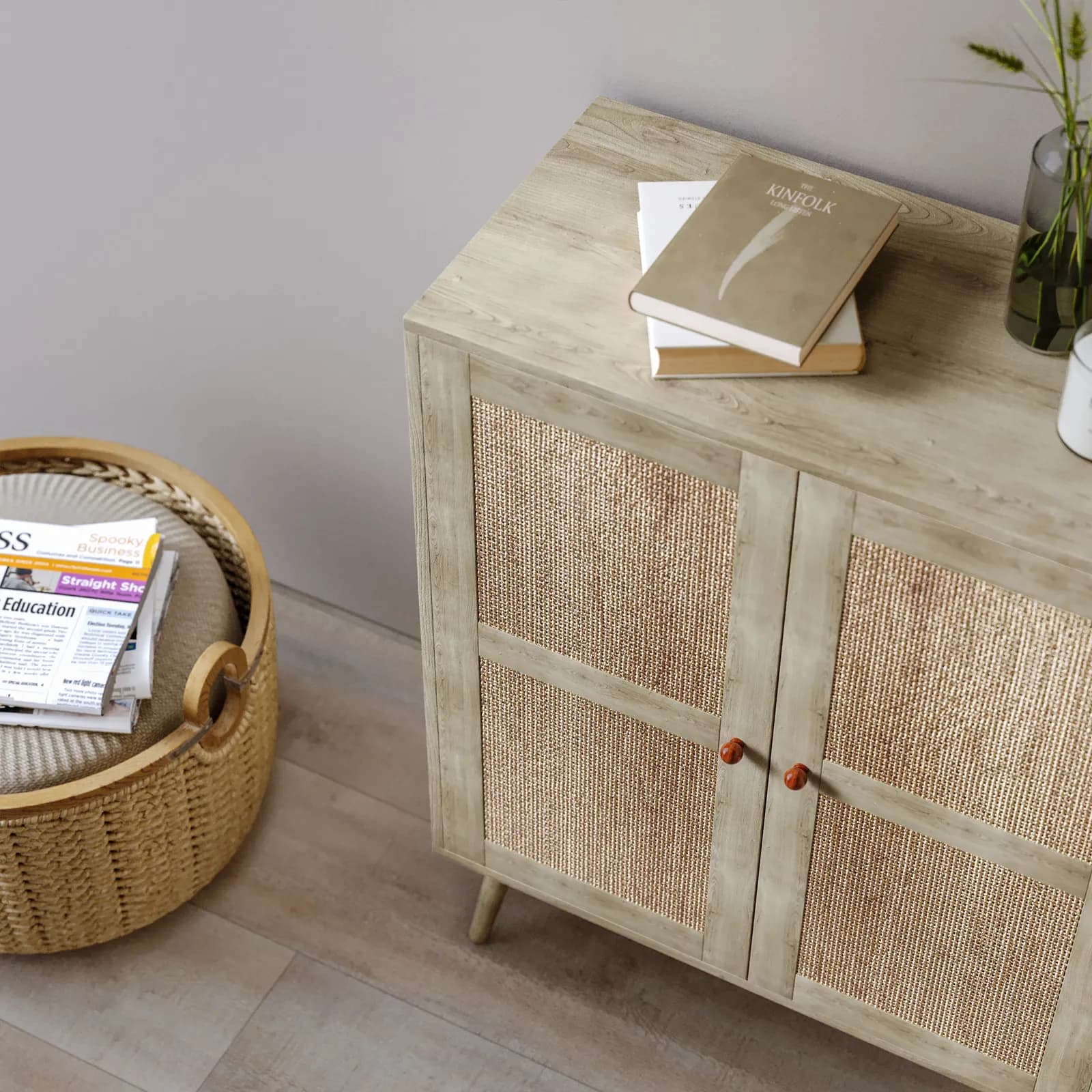 Credenza 79x99h cm in legno naturale con 2 ante in rattan - Boheme