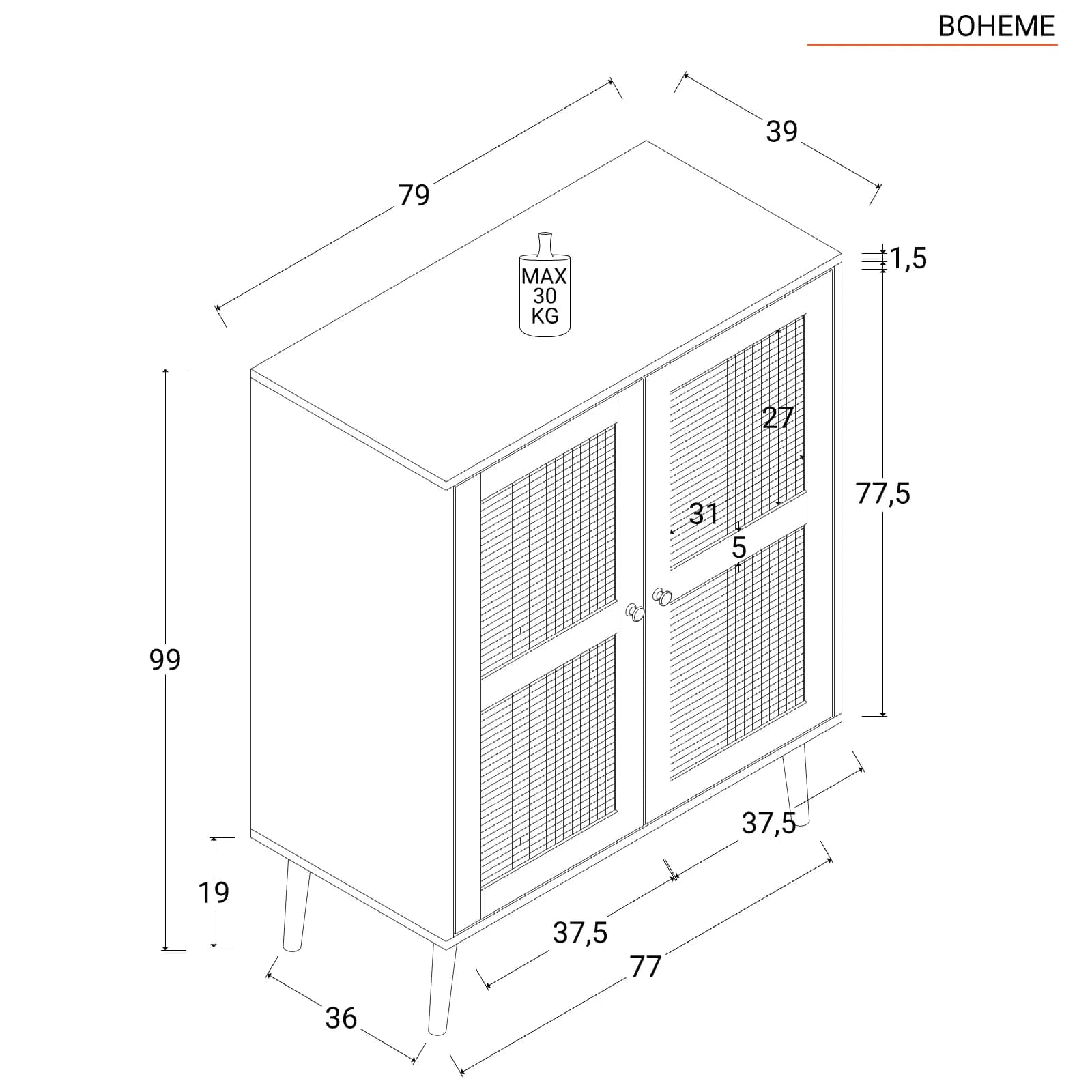 Credenza 79x99h cm in legno naturale con 2 ante in rattan - Boheme