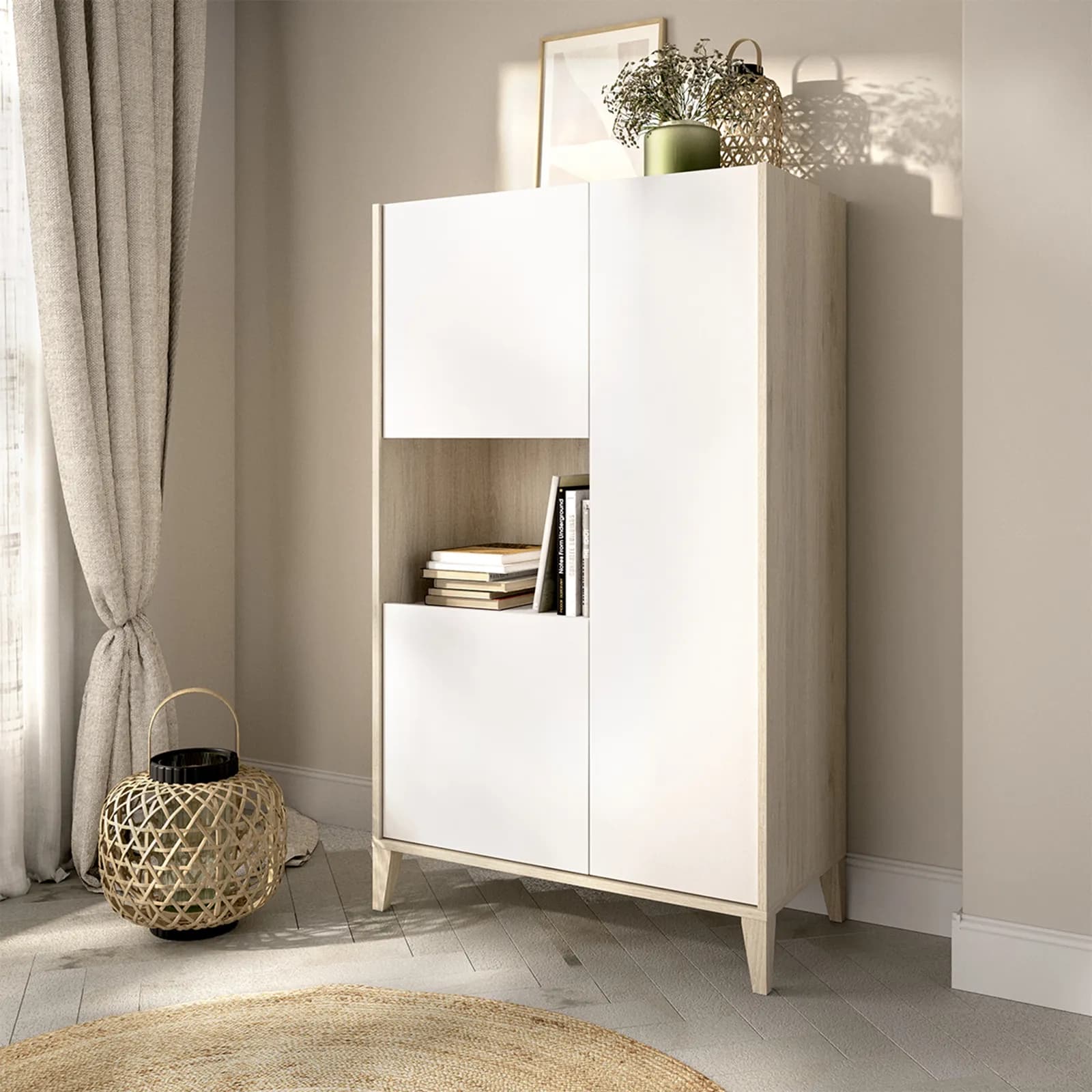 Credenza 80x136h cm con 3 ante e vano a giorno rovere naturale e bianco opaco - Brienne