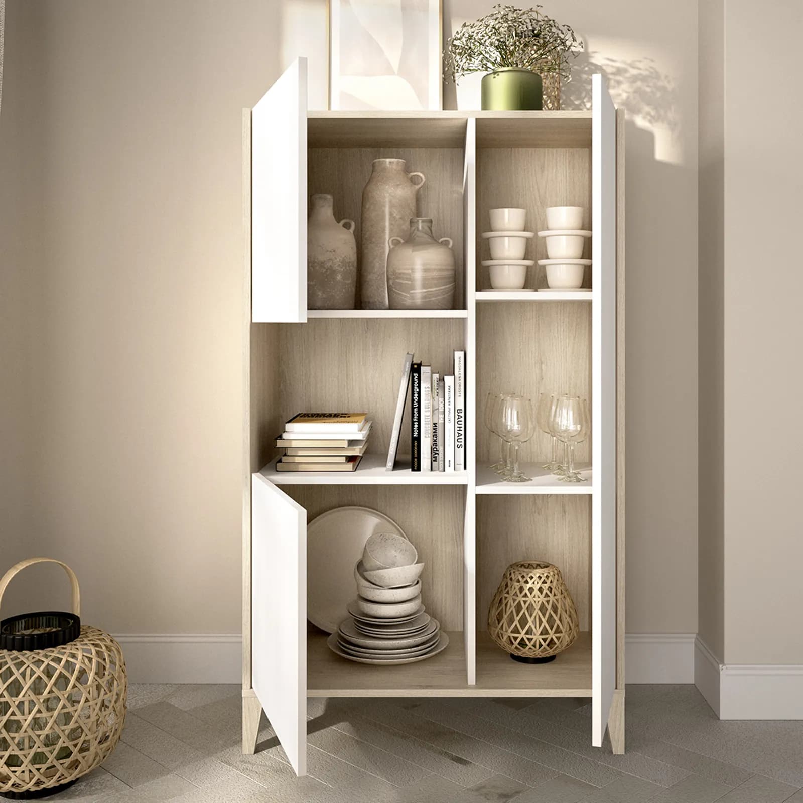 Credenza 80x136h cm con 3 ante e vano a giorno rovere naturale e bianco opaco - Brienne