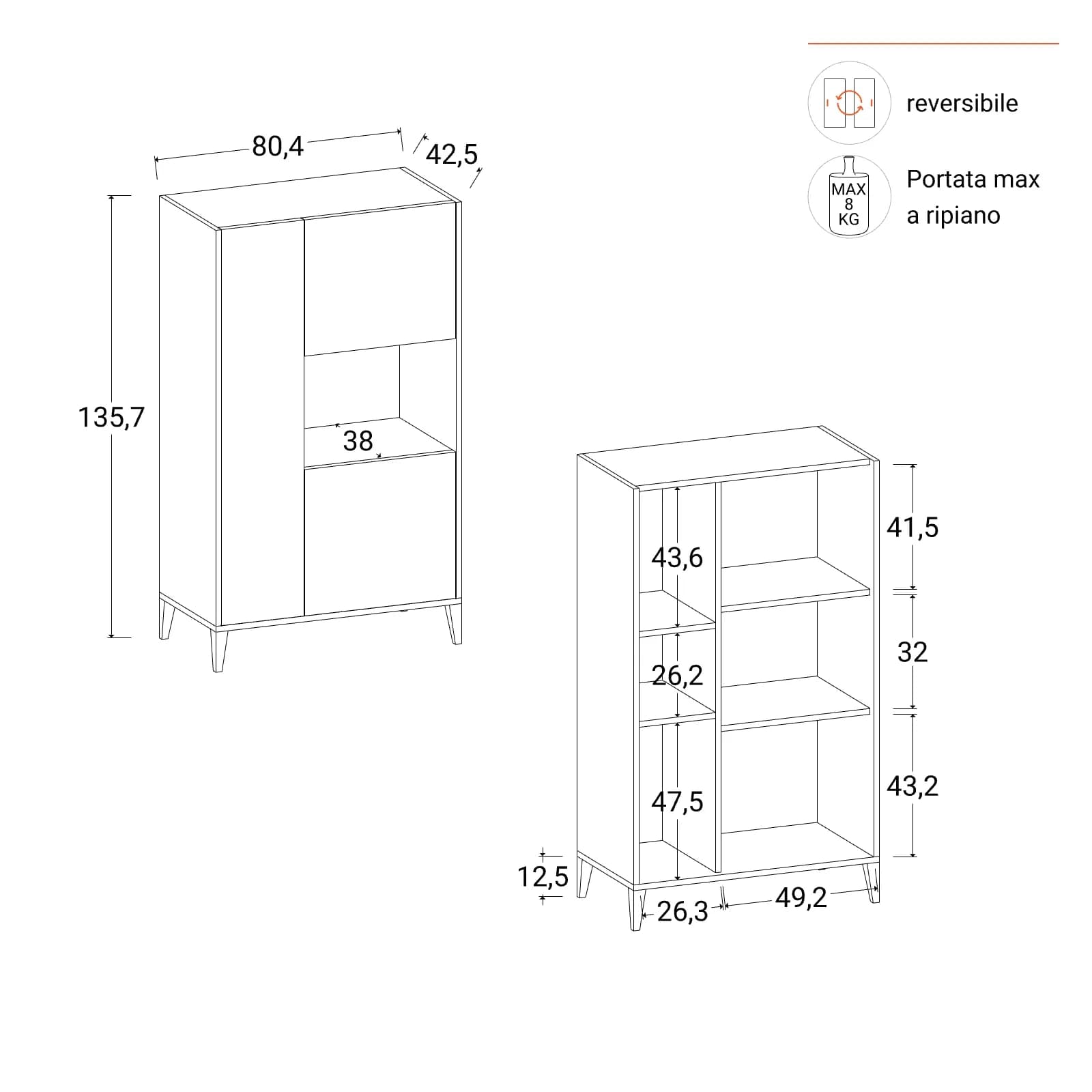 Credenza 80x136h cm con 3 ante e vano a giorno rovere naturale e bianco opaco - Brienne