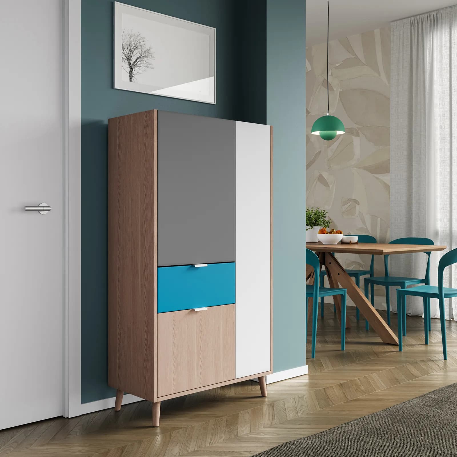 Credenza 80x149h cm frassino crisp con 3 ante grigio nebbia e bianco e 1 cassetto verde smeraldo - Koria