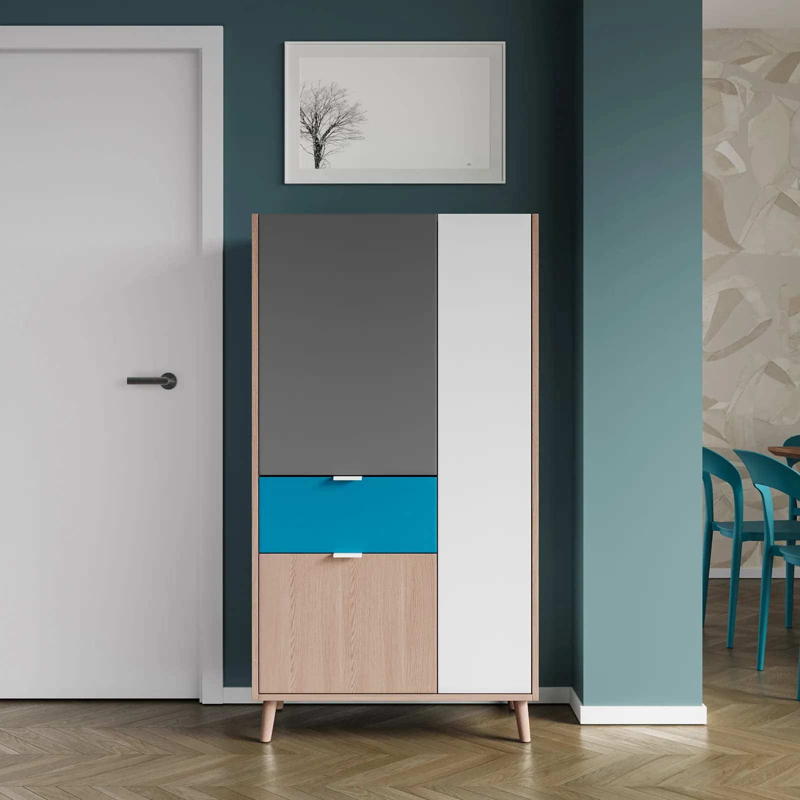 Credenza 80x149h cm frassino crisp con 3 ante grigio nebbia e bianco e 1 cassetto verde smeraldo - Koria