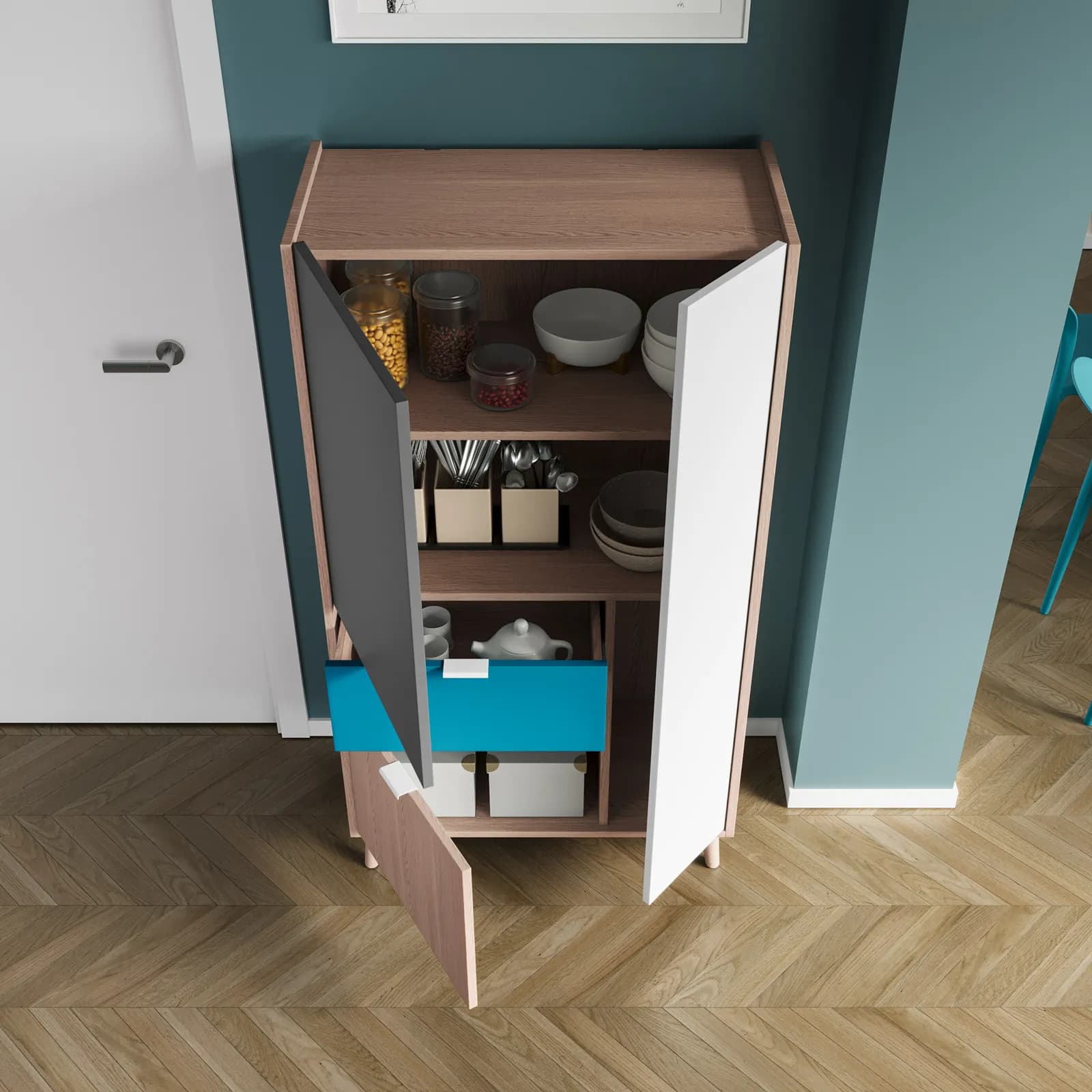 Credenza 80x149h cm frassino crisp con 3 ante grigio nebbia e bianco e 1 cassetto verde smeraldo - Koria