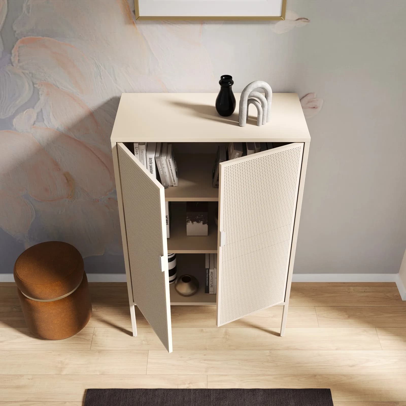 Credenza 80x120h cm in acciaio verniciato crema con 2 ante traforate - Eclipse