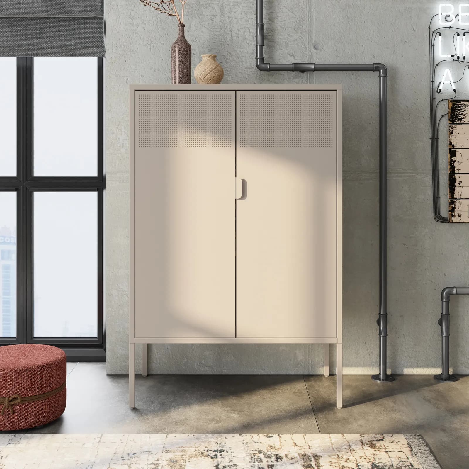 Credenza 80x120h cm in acciaio verniciato crema con 2 ante semiforate - Eclipse