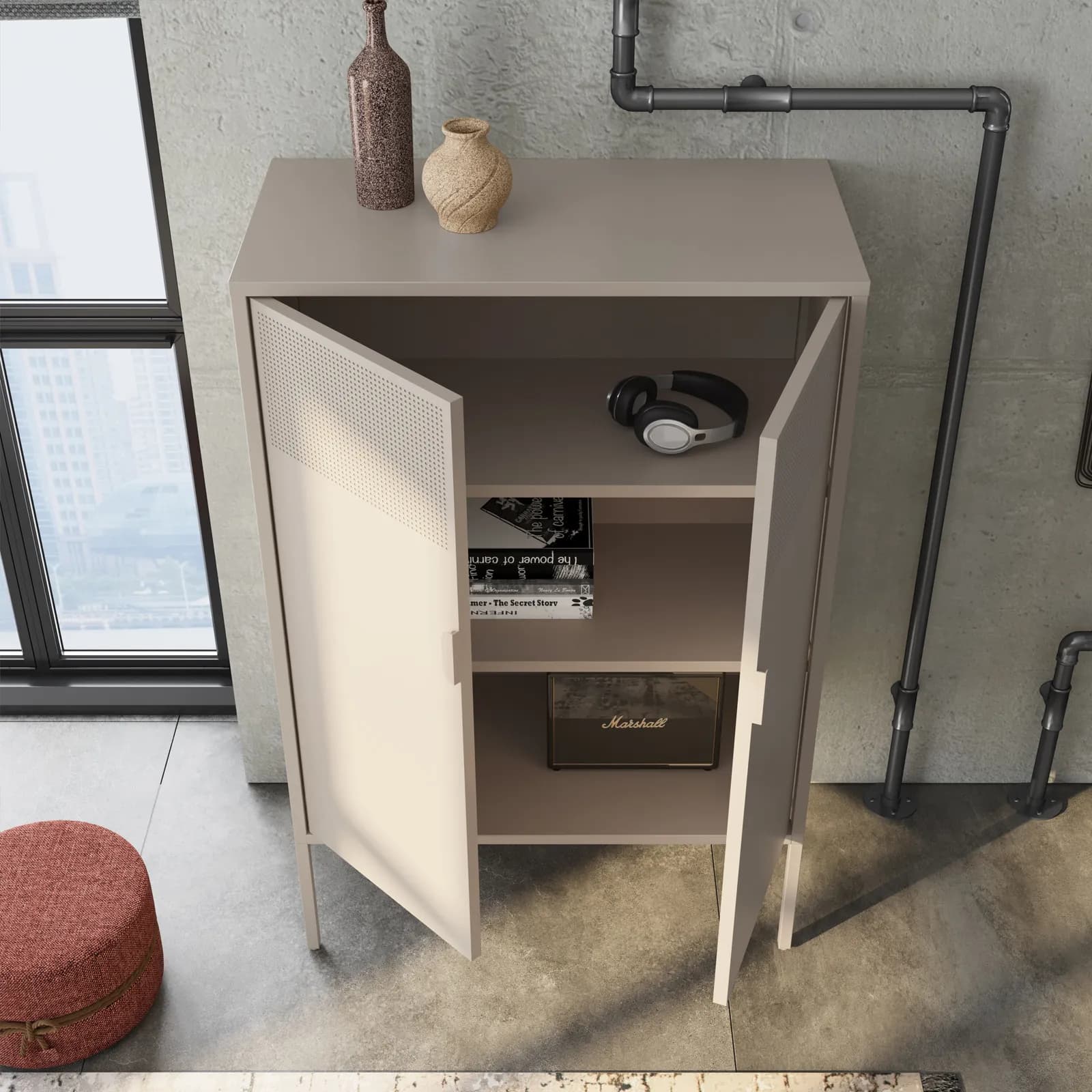 Credenza 80x120h cm in acciaio verniciato crema con 2 ante semiforate - Eclipse