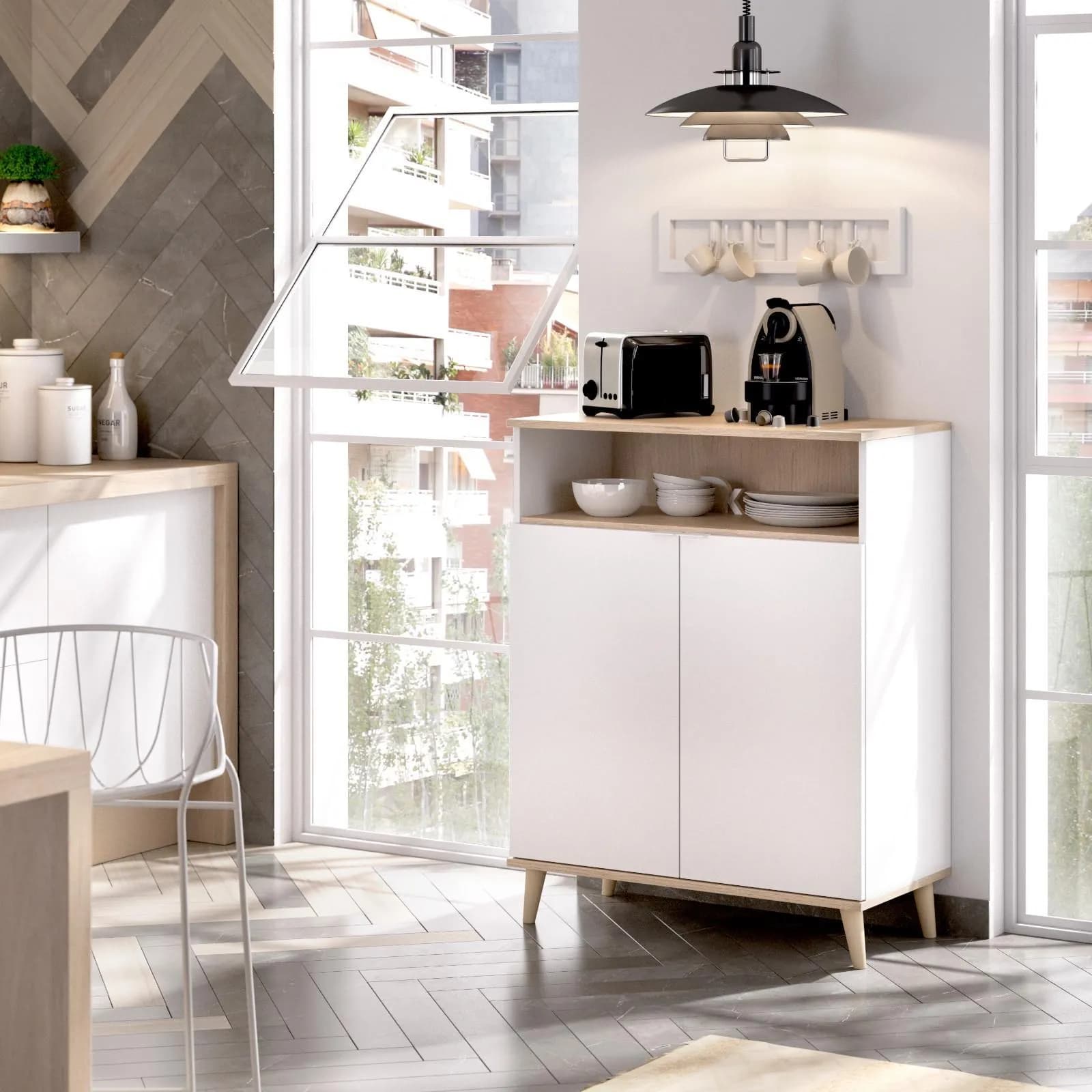 Credenza multiuso 80x102 h cm in legno bianco e naturale - Syrio