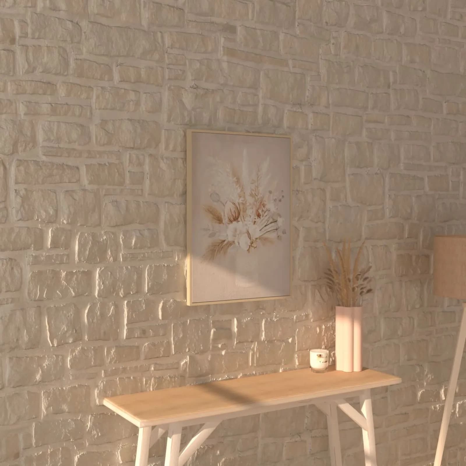 Decorazione da parete 70h cm rosa e beige con cornice in legno naturale