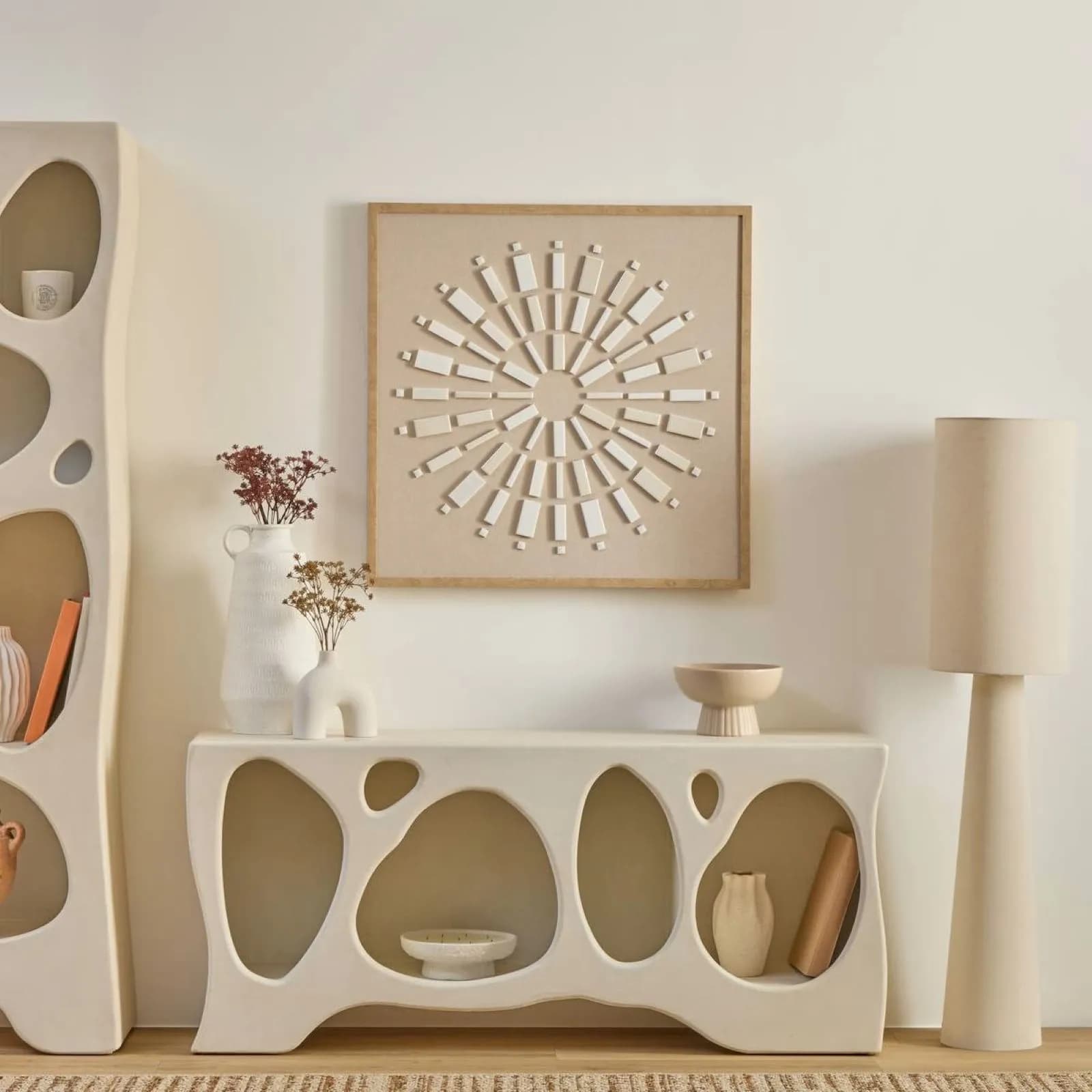 Decorazione da parete 78x78 cm rilievo in ceramica e lino con cornice in legno