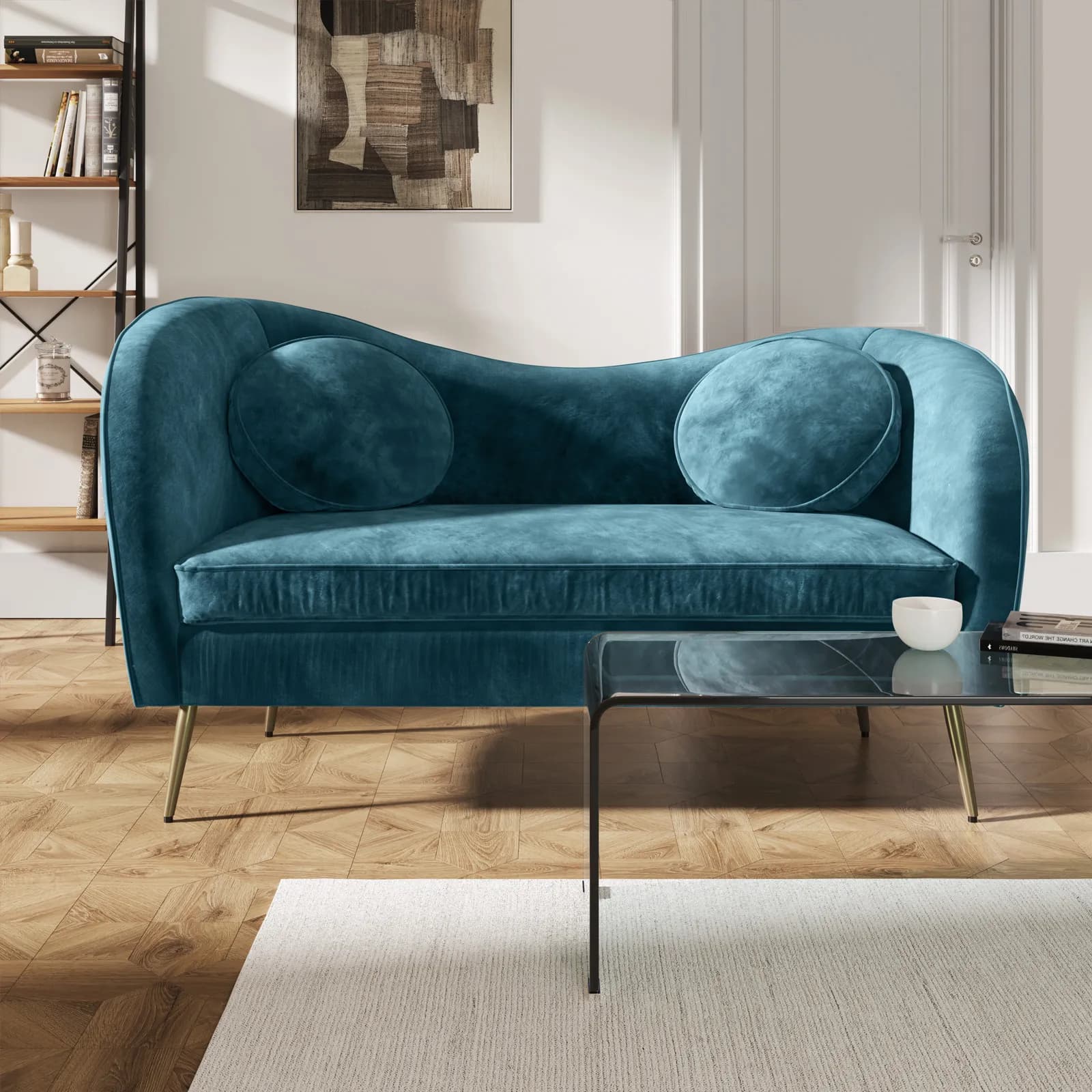 Divano 2 posti in velluto blu petrolio gambe champagne - Reef