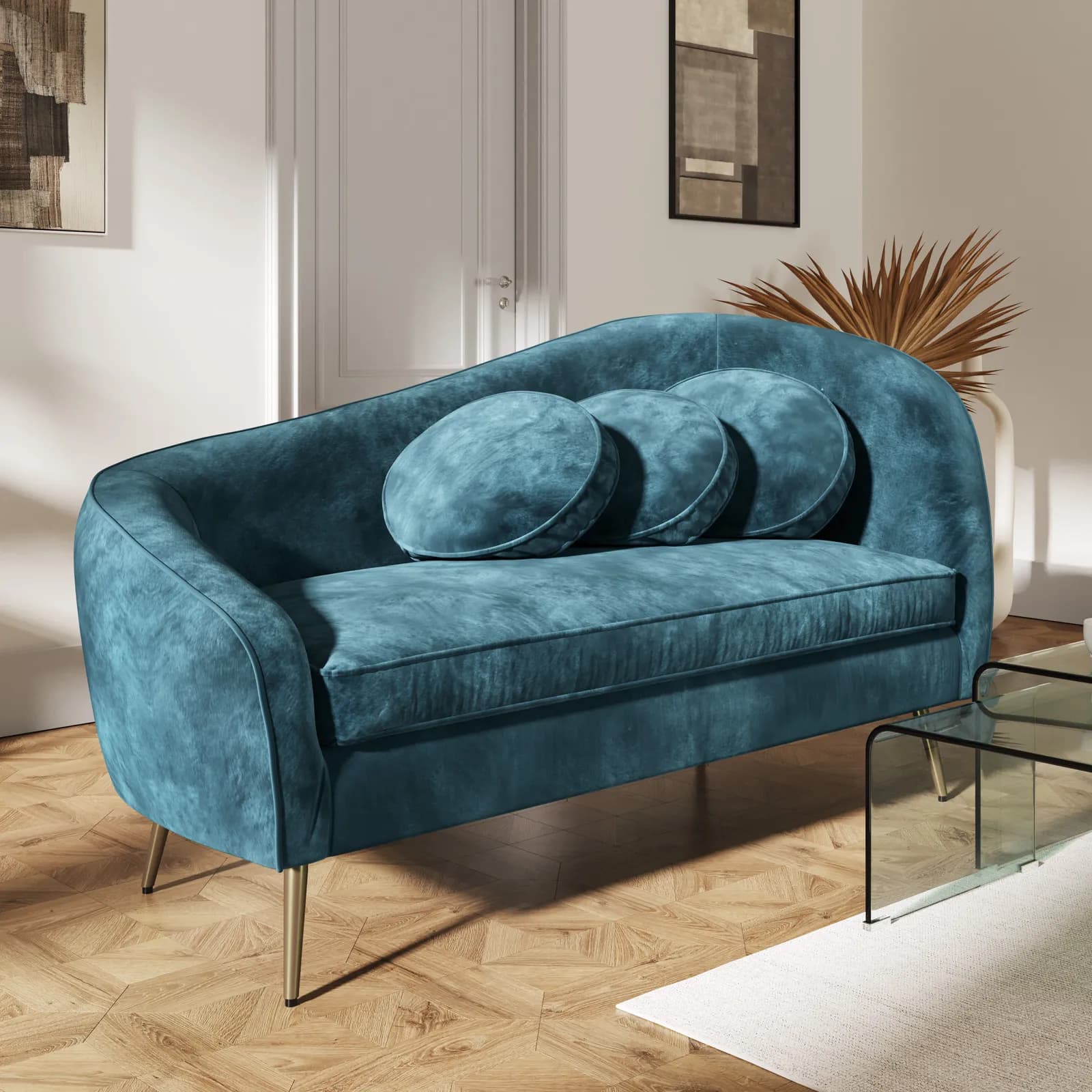 Divano chaise longue in velluto blu petrolio con gambe champagne - Reef