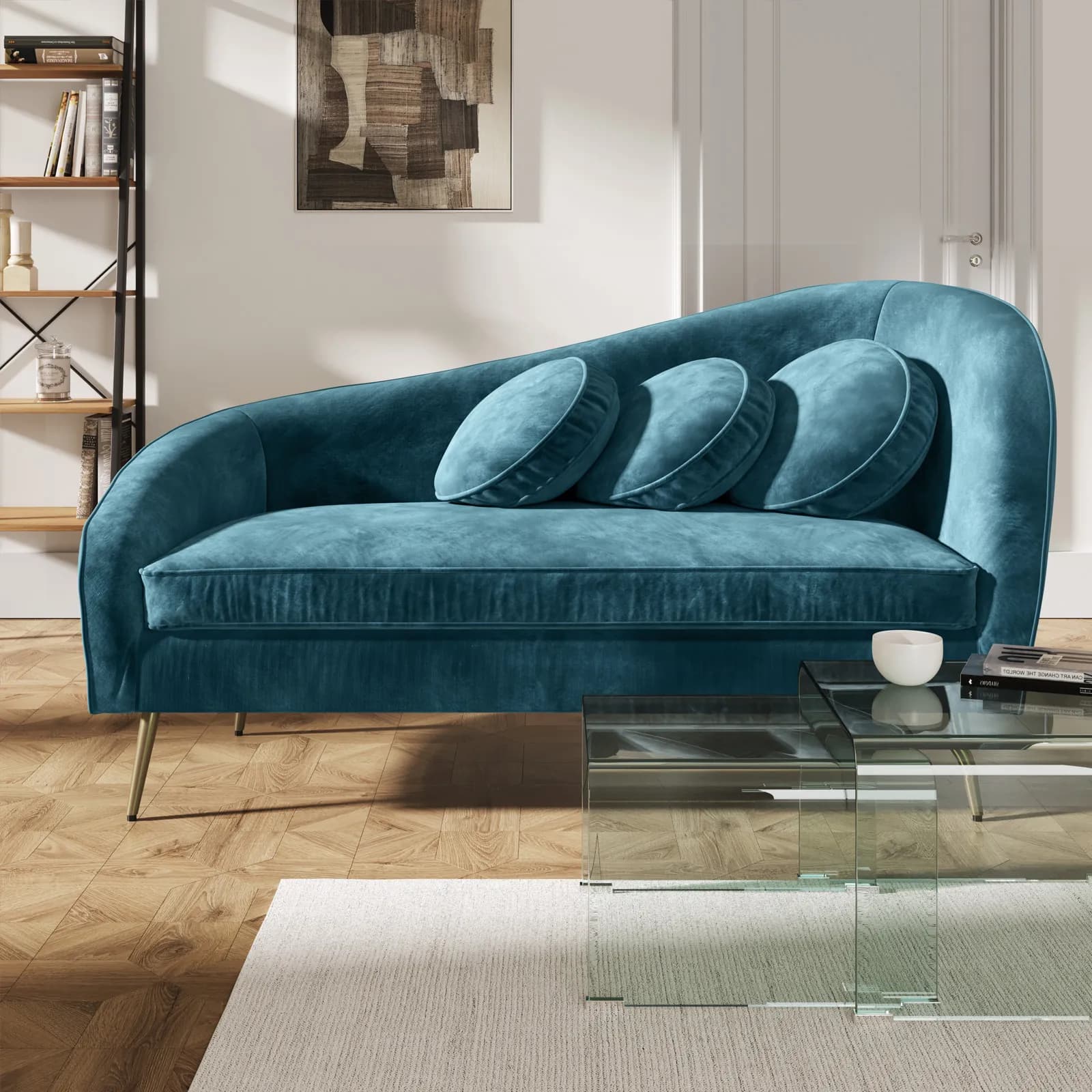 Divano chaise longue in velluto blu petrolio con gambe champagne - Reef