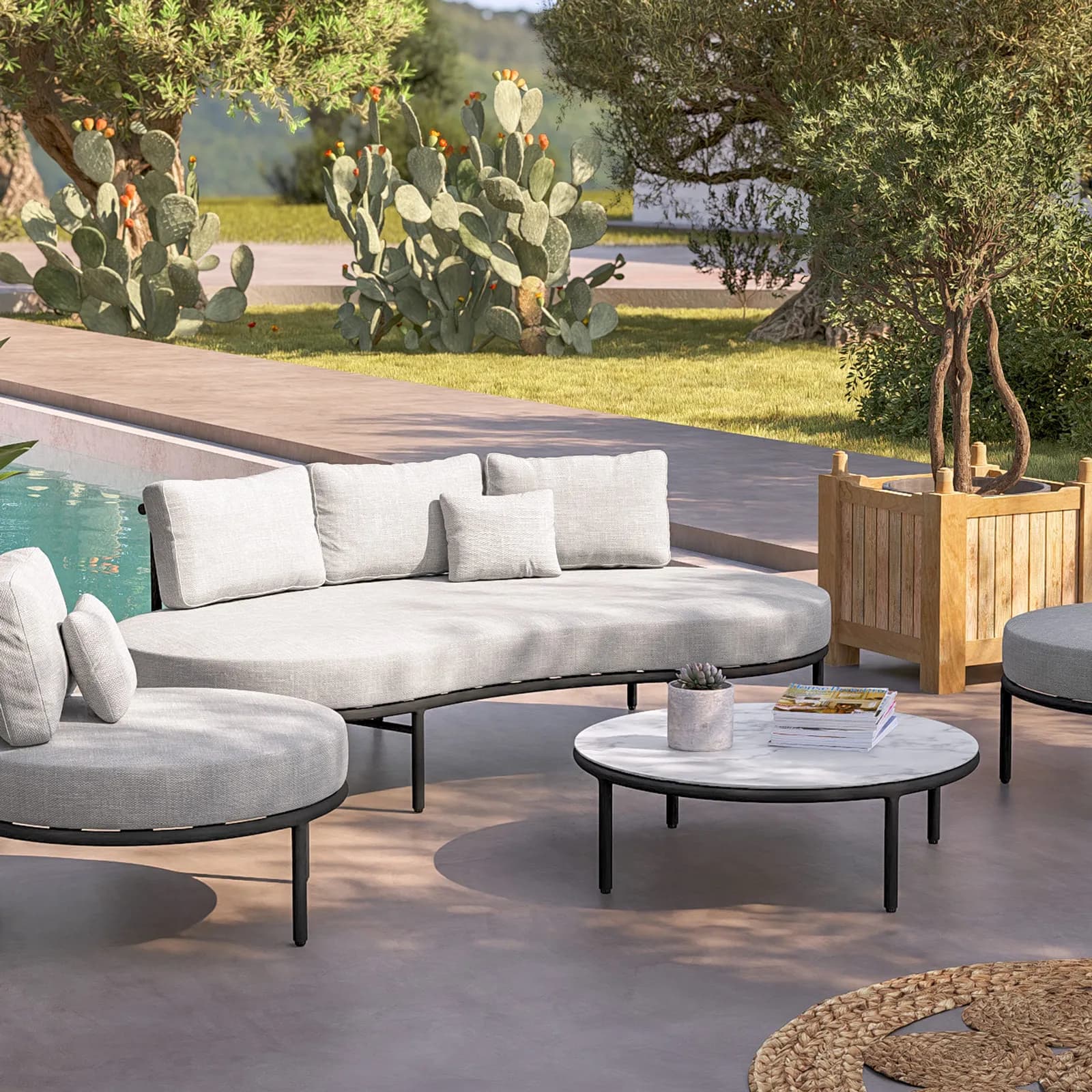 Divano da giardino 3 posti alluminio antracite e cuscini in tessuto olefin grigio chiaro - Keanu