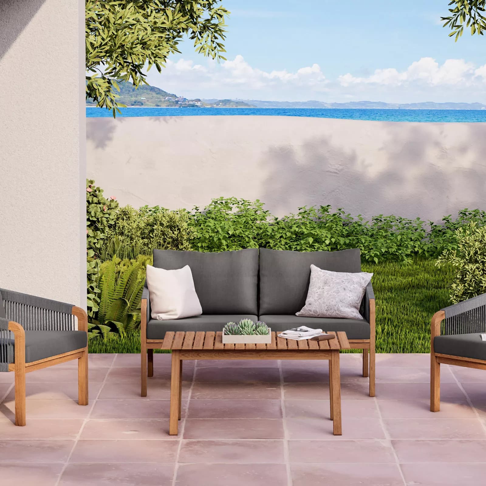 Divano in legno massello di acacia con dettagli in corda - Nauru