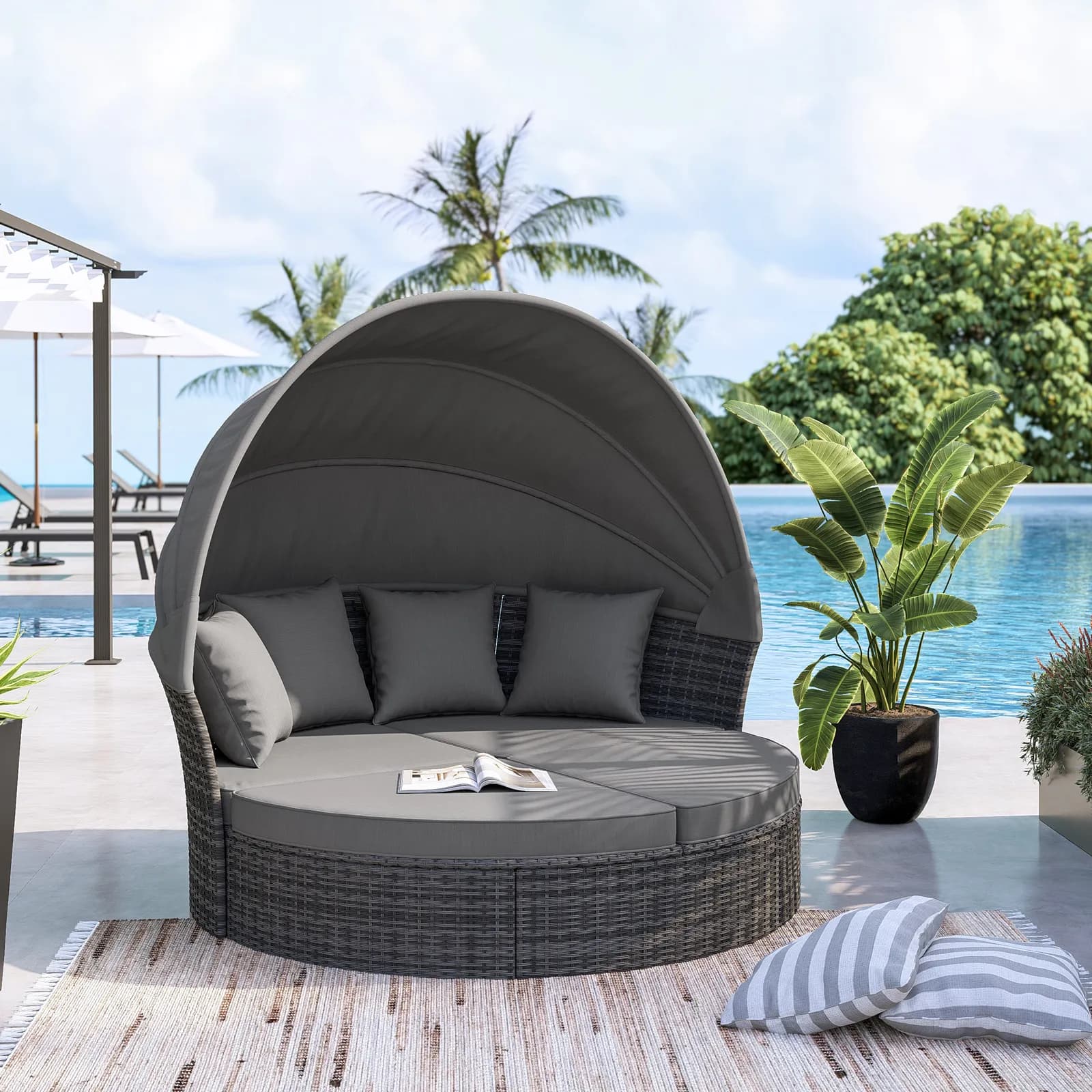 Divano isola modulare con tettuccio regolabile in polyrattan antracite e cuscini grigi - Douglas