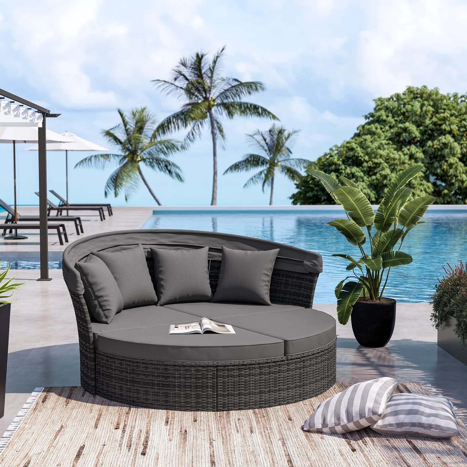 Divano isola modulare con tettuccio regolabile in polyrattan antracite e cuscini grigi - Douglas