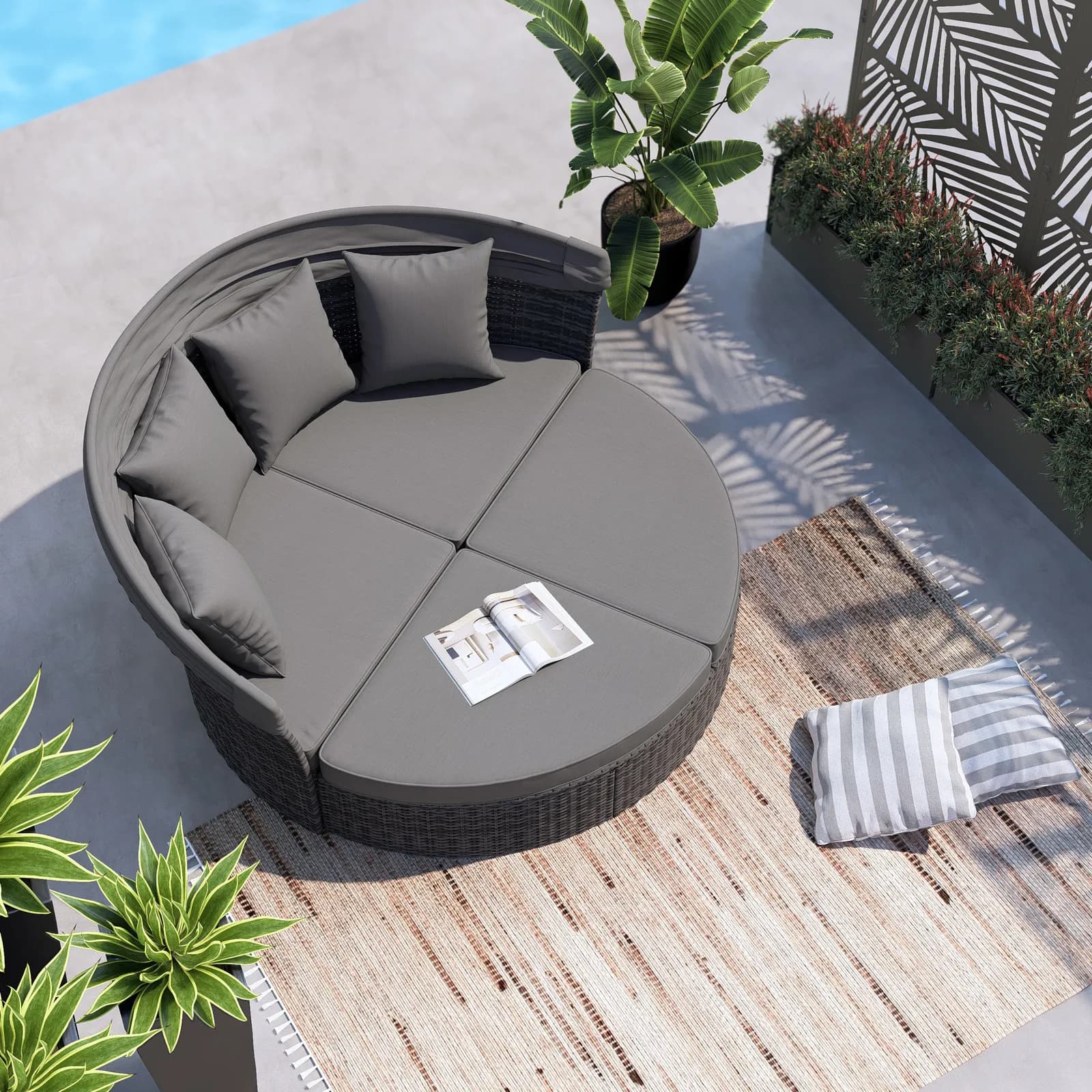 Divano isola modulare con tettuccio regolabile in polyrattan antracite e cuscini grigi - Douglas
