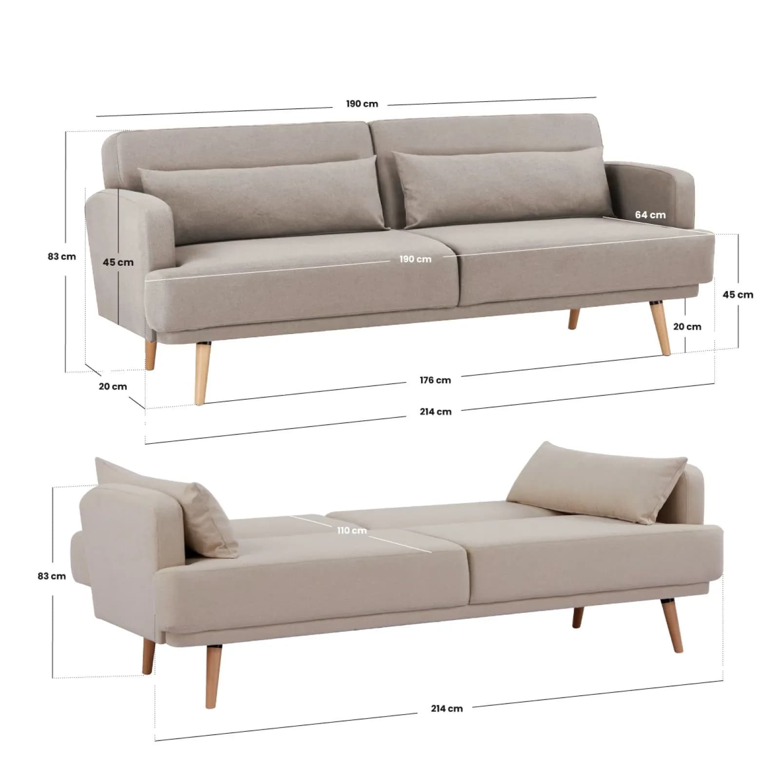 Divano letto 3 posti in tessuto beige con cuscini decorativi - Neill
