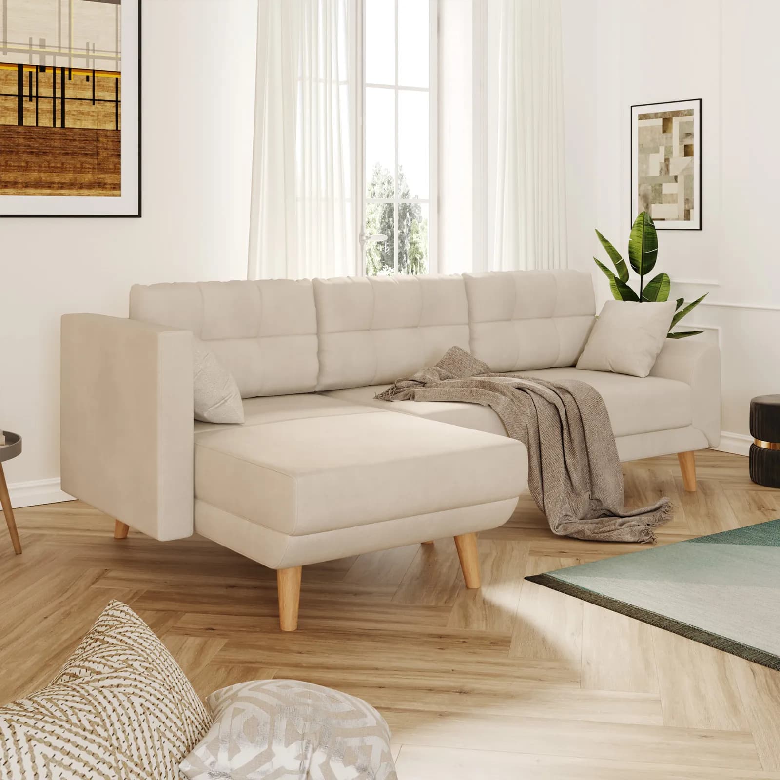 Divano letto angolare tre posti in tessuto crema e gambe in legno - Bekal