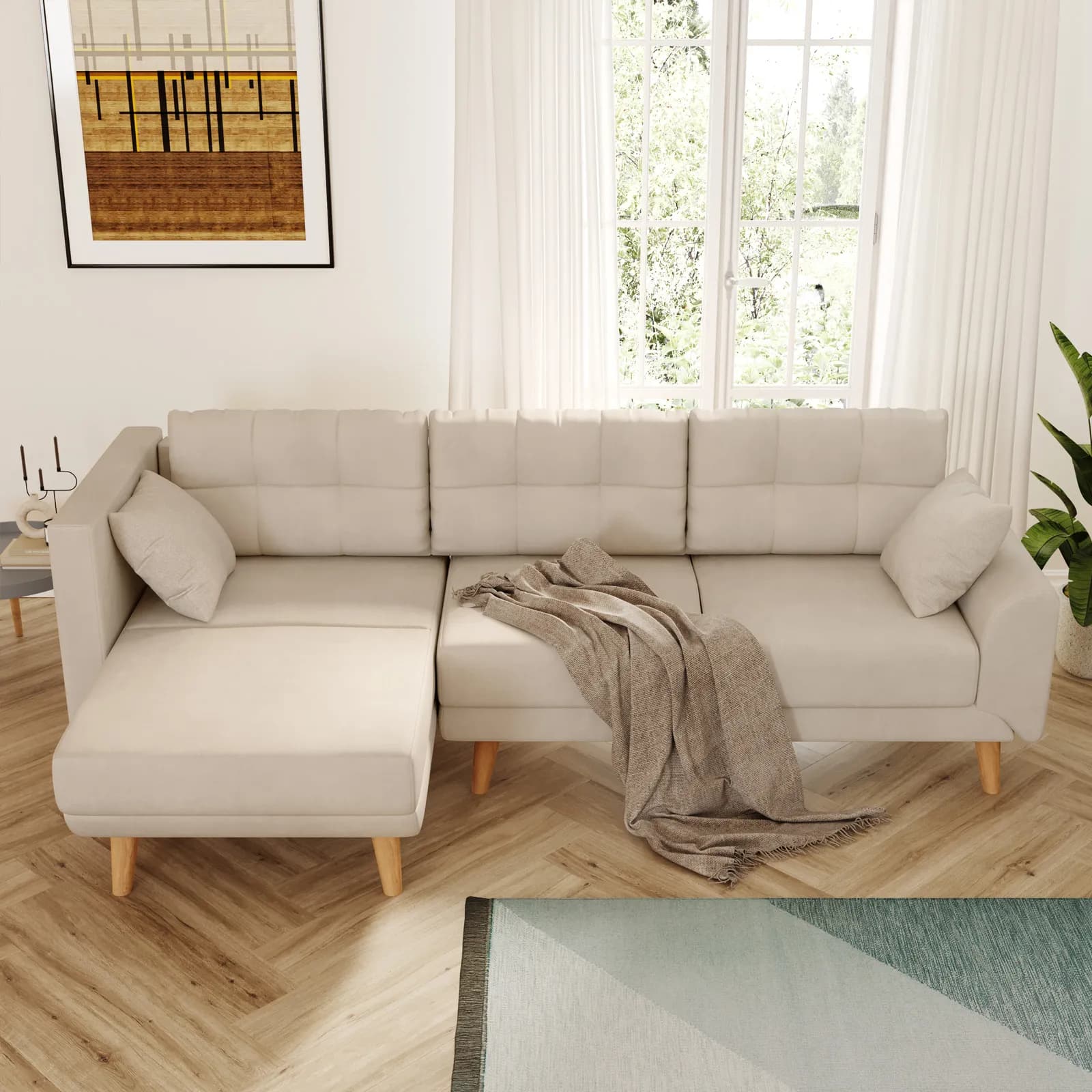 Divano letto angolare tre posti in tessuto crema e gambe in legno - Bekal