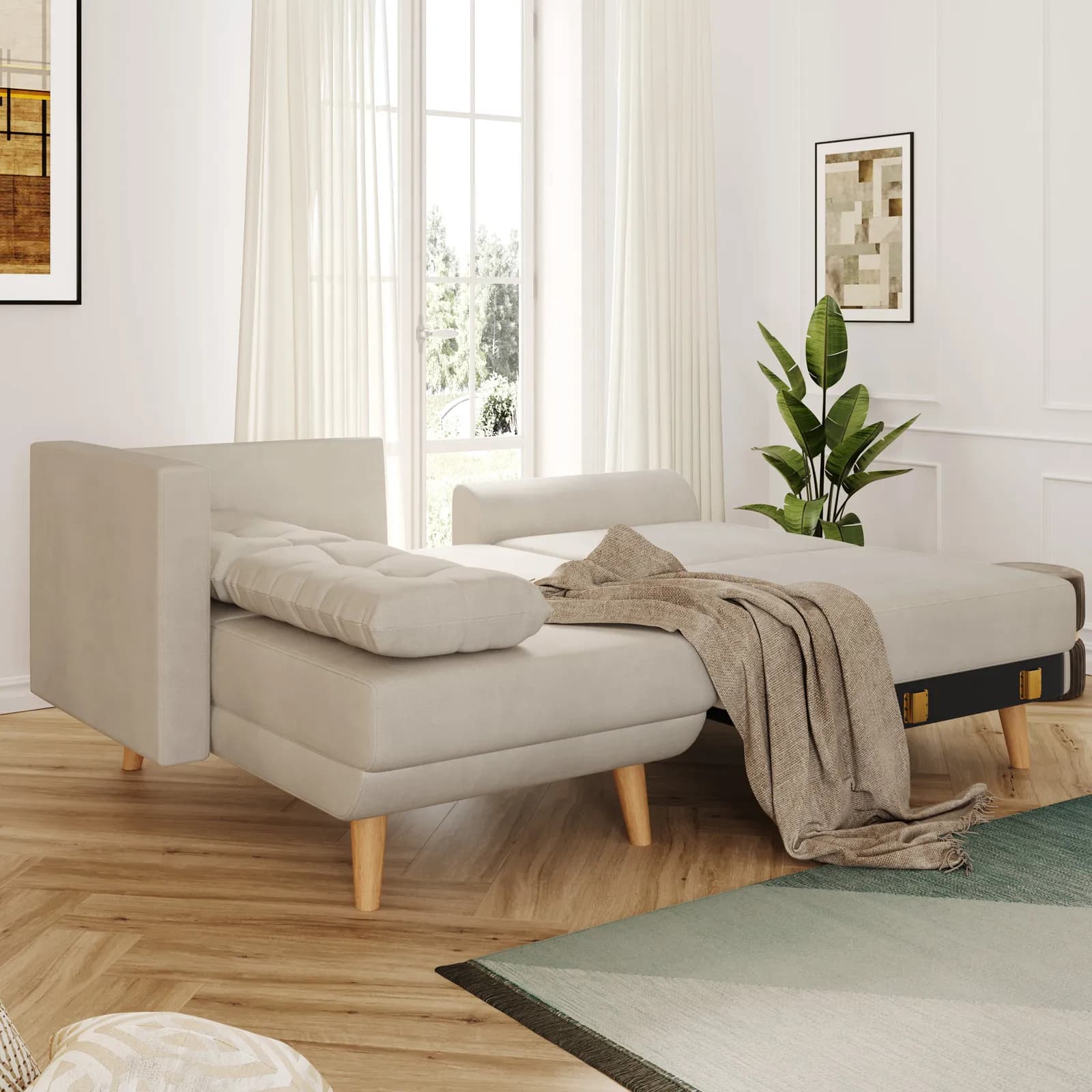 Divano letto angolare tre posti in tessuto crema e gambe in legno - Bekal