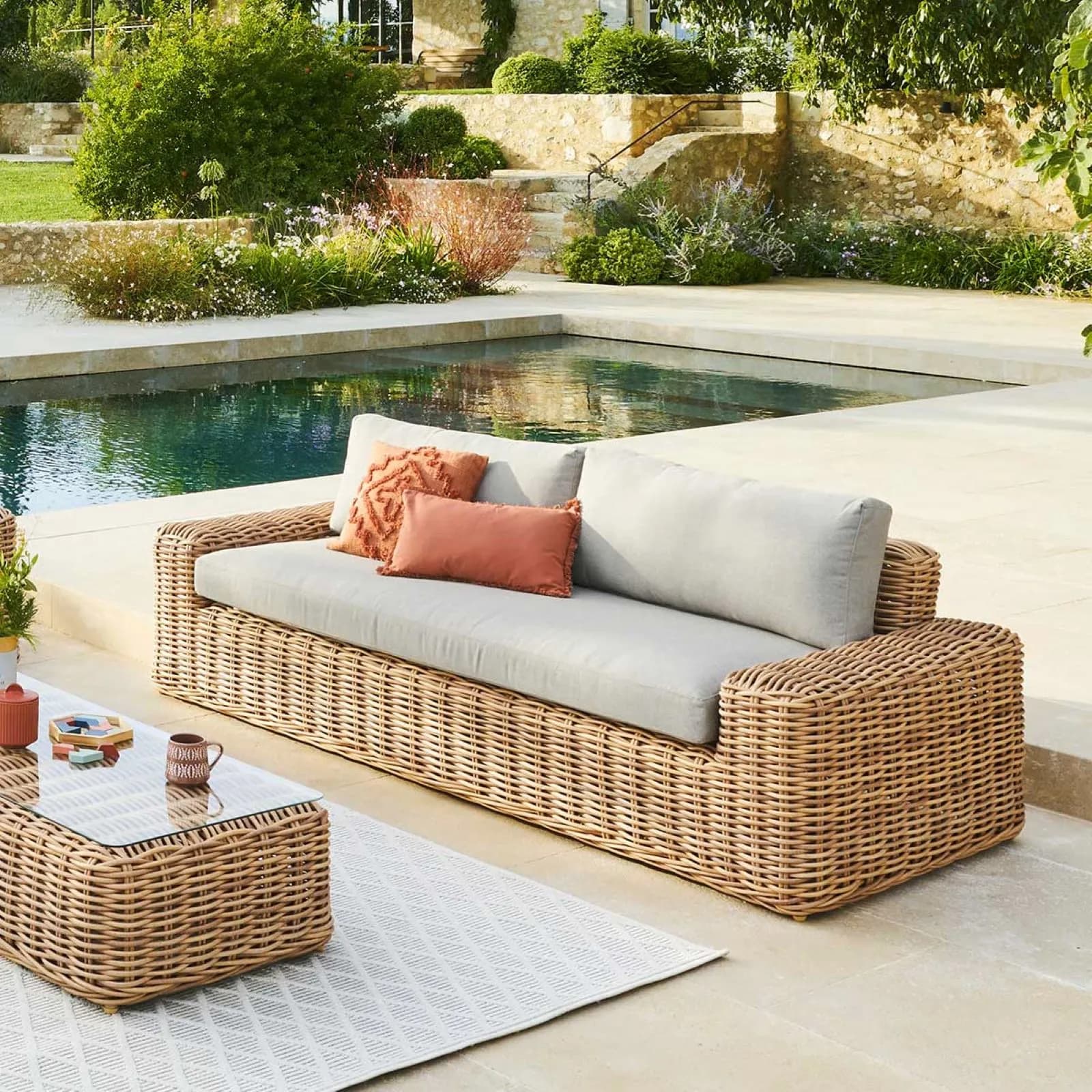 Divano tre posti in polyrattan naturale con cuscino - Savern