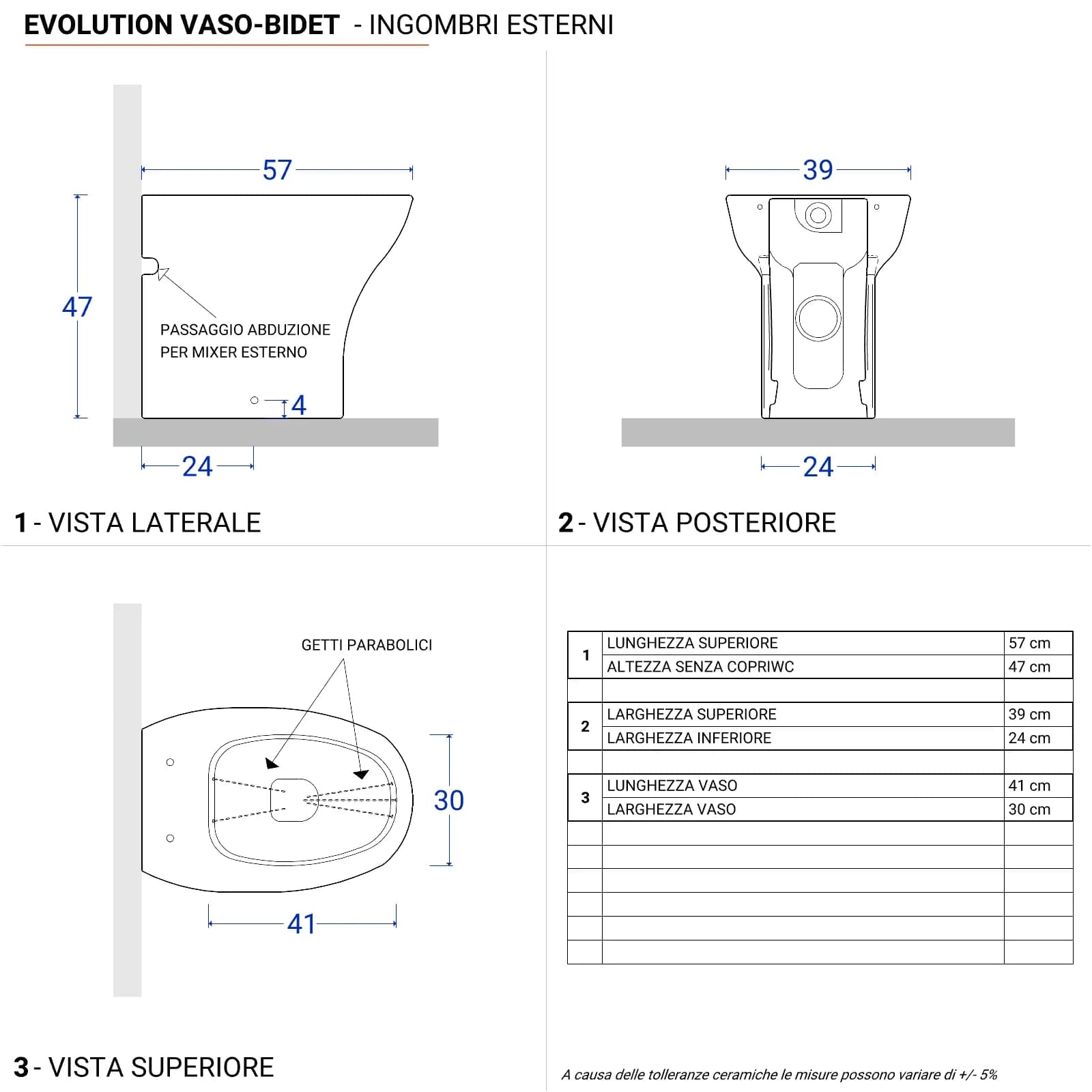 Evolution di Sanitosco Wc-bidet filomuro alto 47h cm in ceramica antibatterica