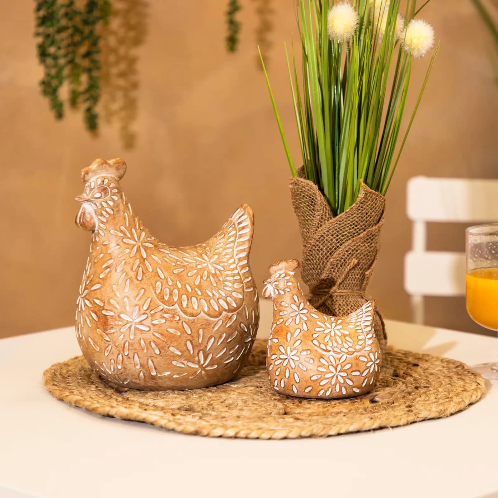Figura decorativa 11h cm a forma di gallina effetto terracotta decorata