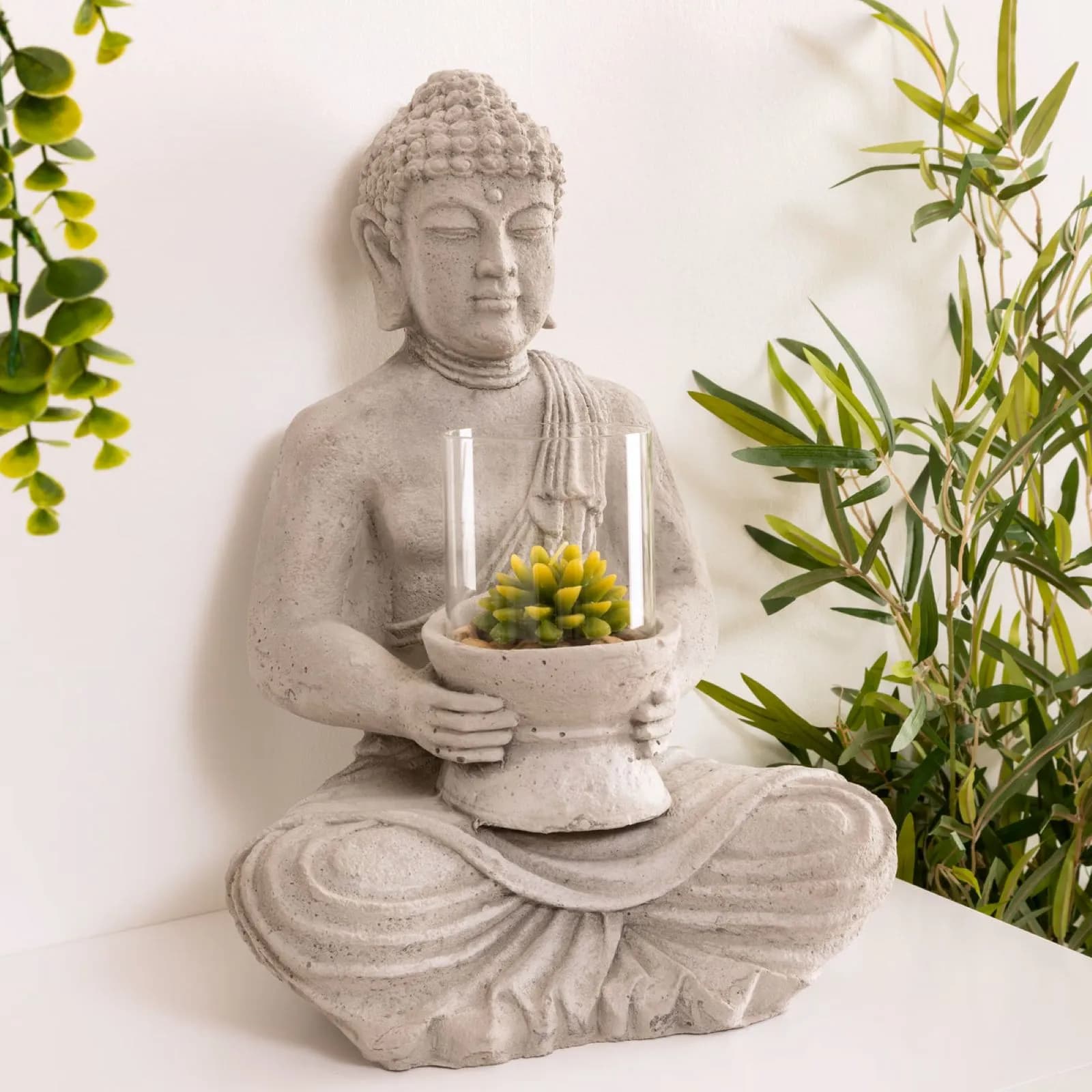 Figura decorativa 40h cm buddha seduto in cemento grigio