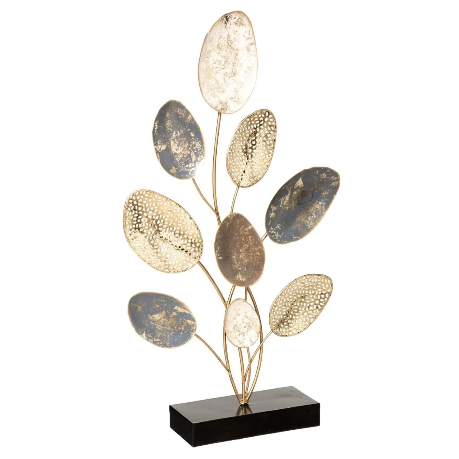 Figura decorativa 53h cm foglie in metallo oro e grigio