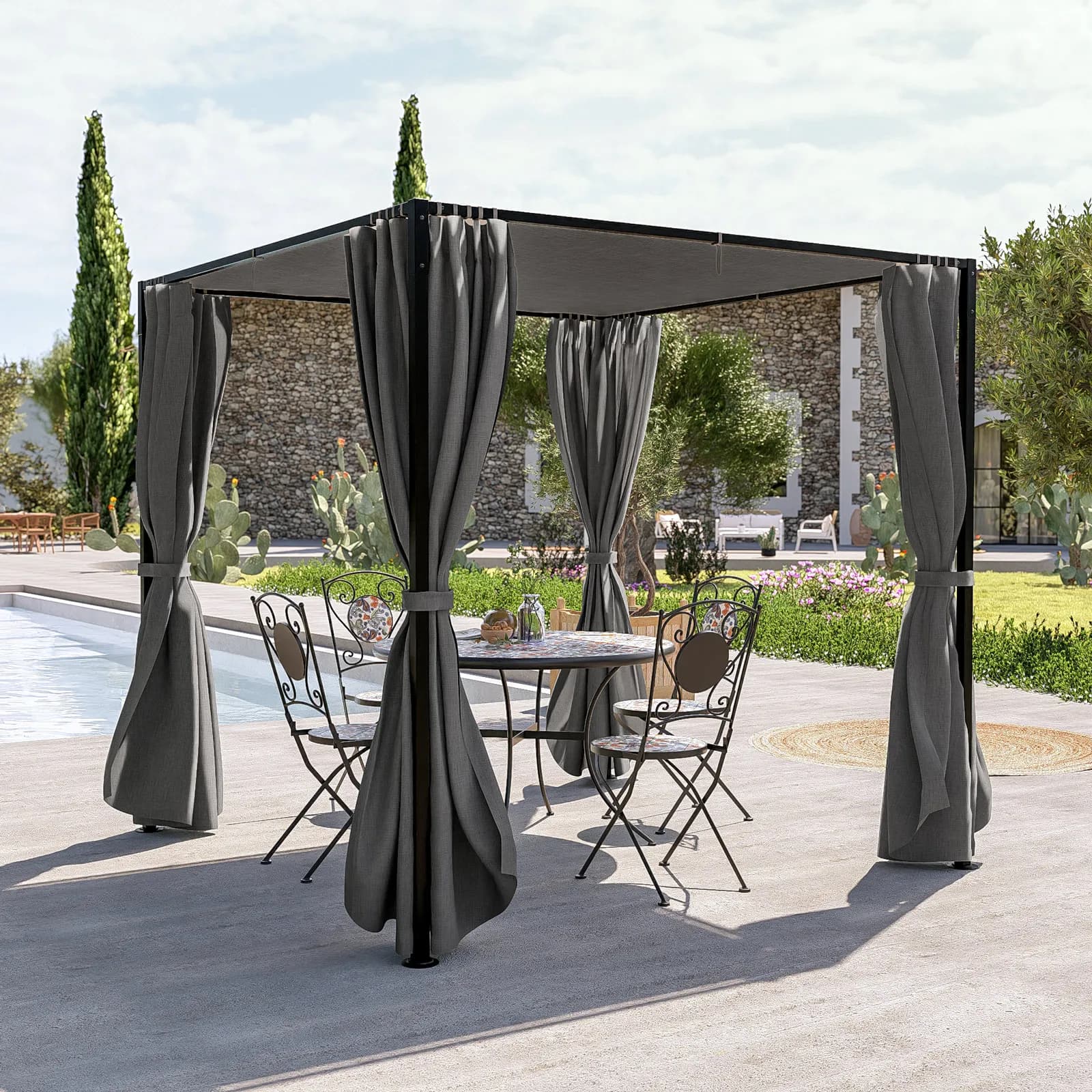 Gazebo 2x2 m in acciaio nero con telo grigio e tende laterali - Alicudi