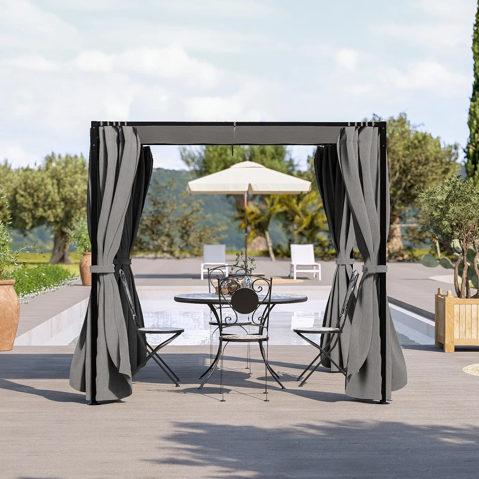 Gazebo 2x2 m in acciaio nero con telo grigio e tende laterali - Alicudi